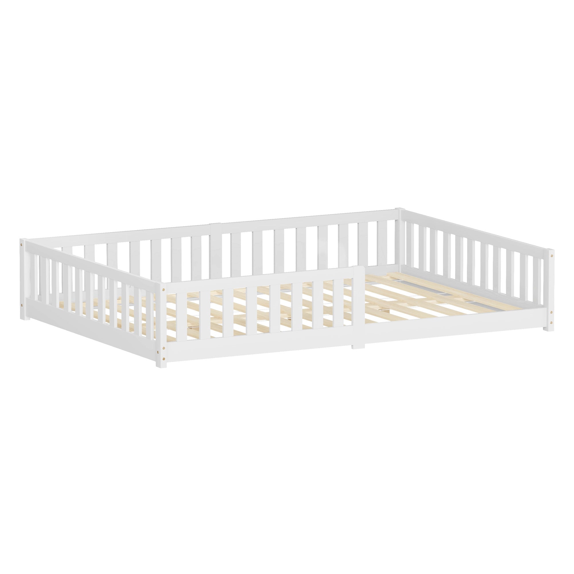 White bed with railing, without mattress, on a white background.