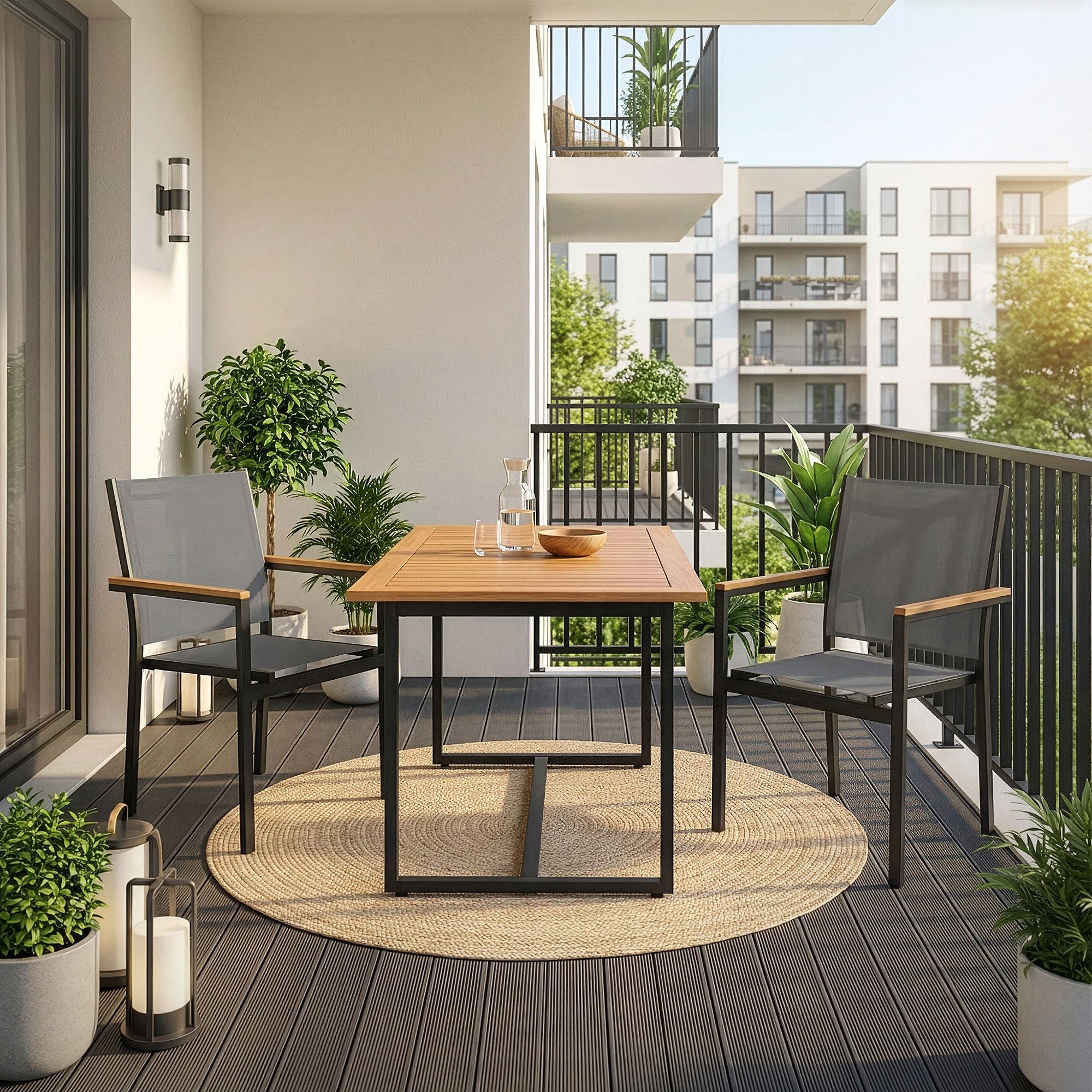 Ein Balkon mit einem Tisch, zwei Stühlen und Pflanzen.
