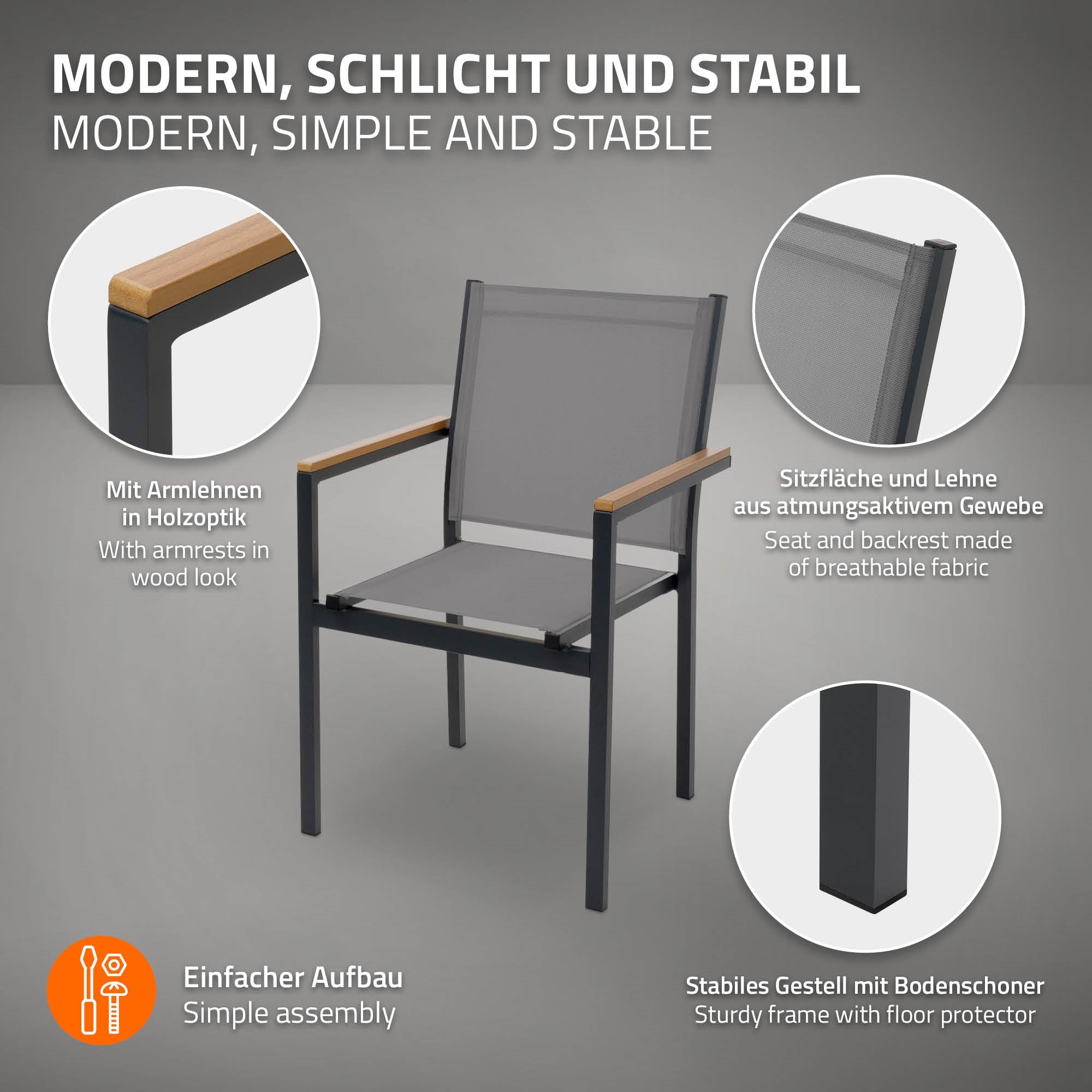 Gartenstuhl mit Armlehnen und stabiler Konstruktion, einfache Montage.