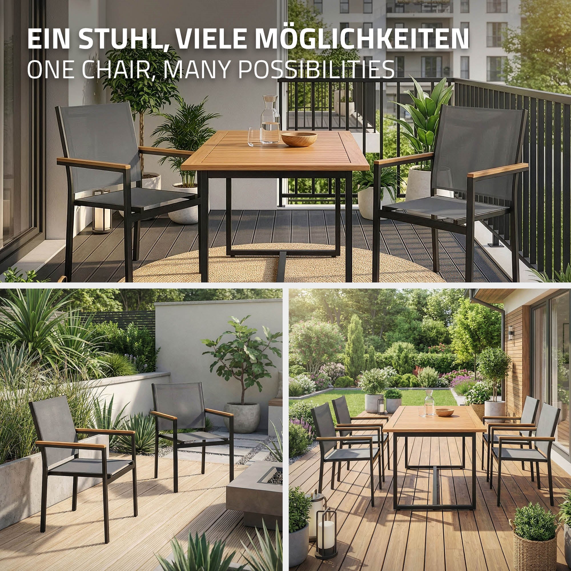 Ein Balkon mit mehreren Gartenstühlen und einem Tisch.