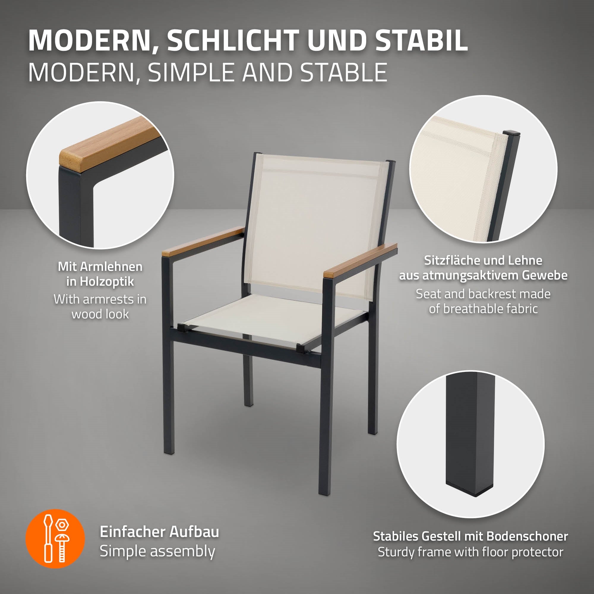 Chaise avec accoudoirs en bois et tissu respirant, cadre stable.