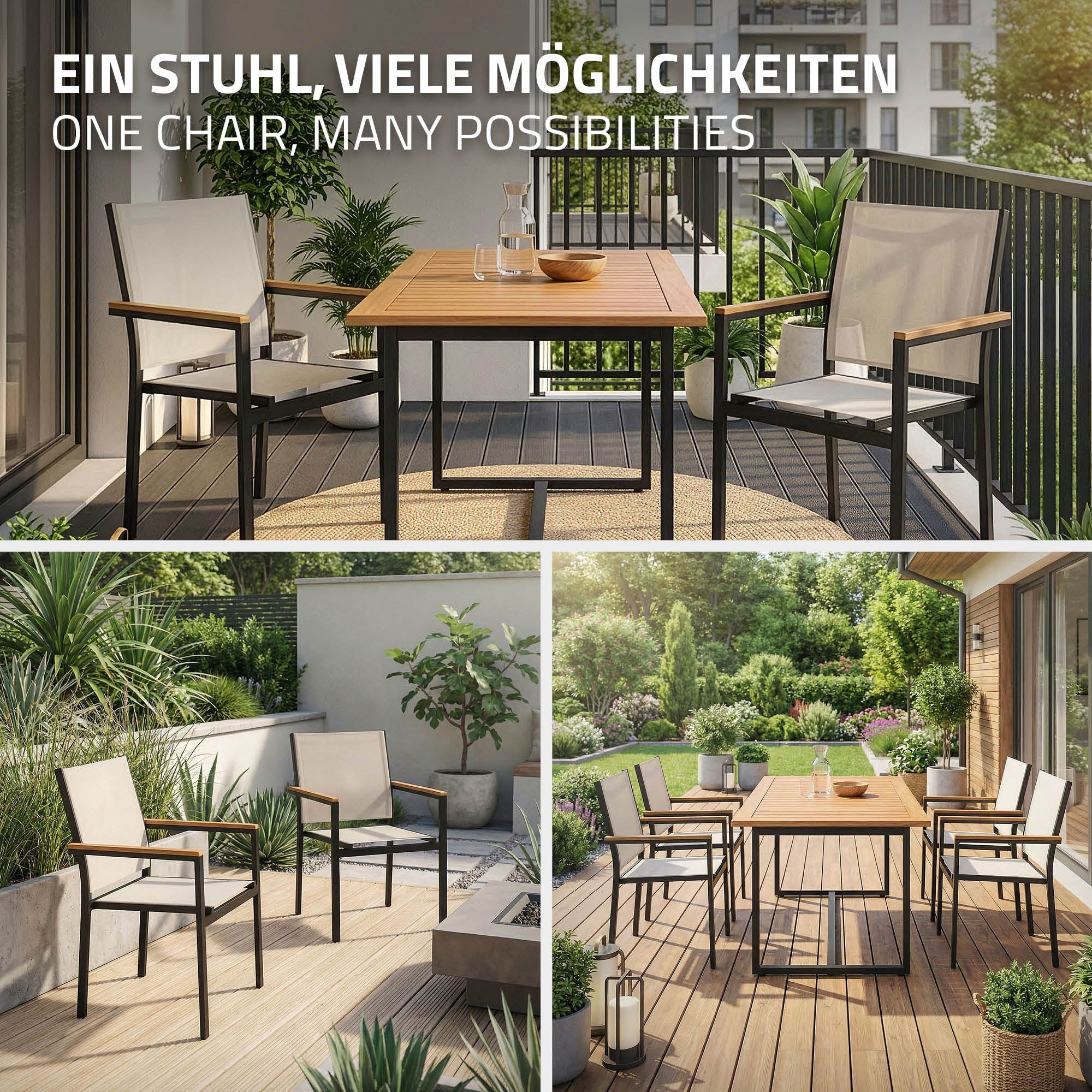 Four chairs around a table on a balcony, surrounded by plants.