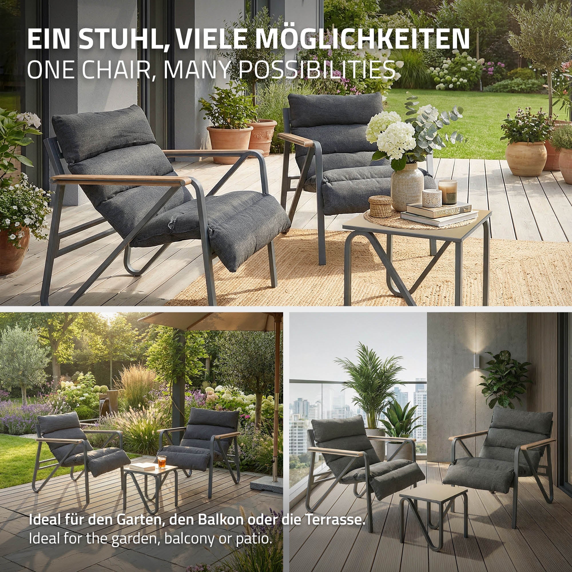 Zwei Stühle auf einer Terrasse, verschiedene Nutzungsmöglichkeiten dargestellt.