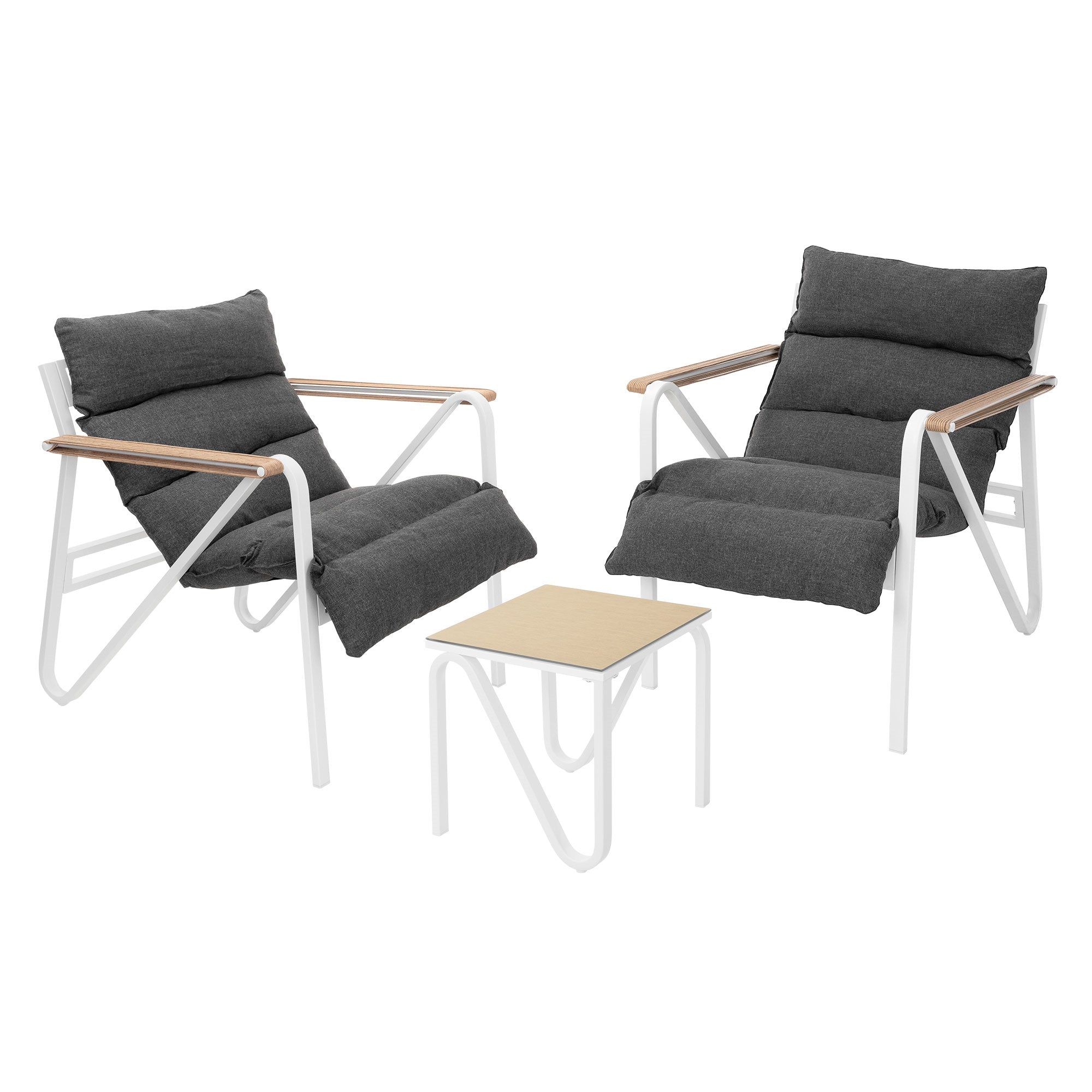 To stole med bord i et moderne design, grå polstring.