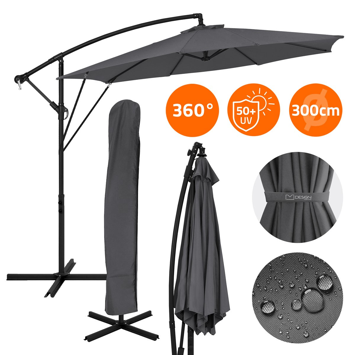 Grey cantilever parasol with a protective cover and water-repellent details.