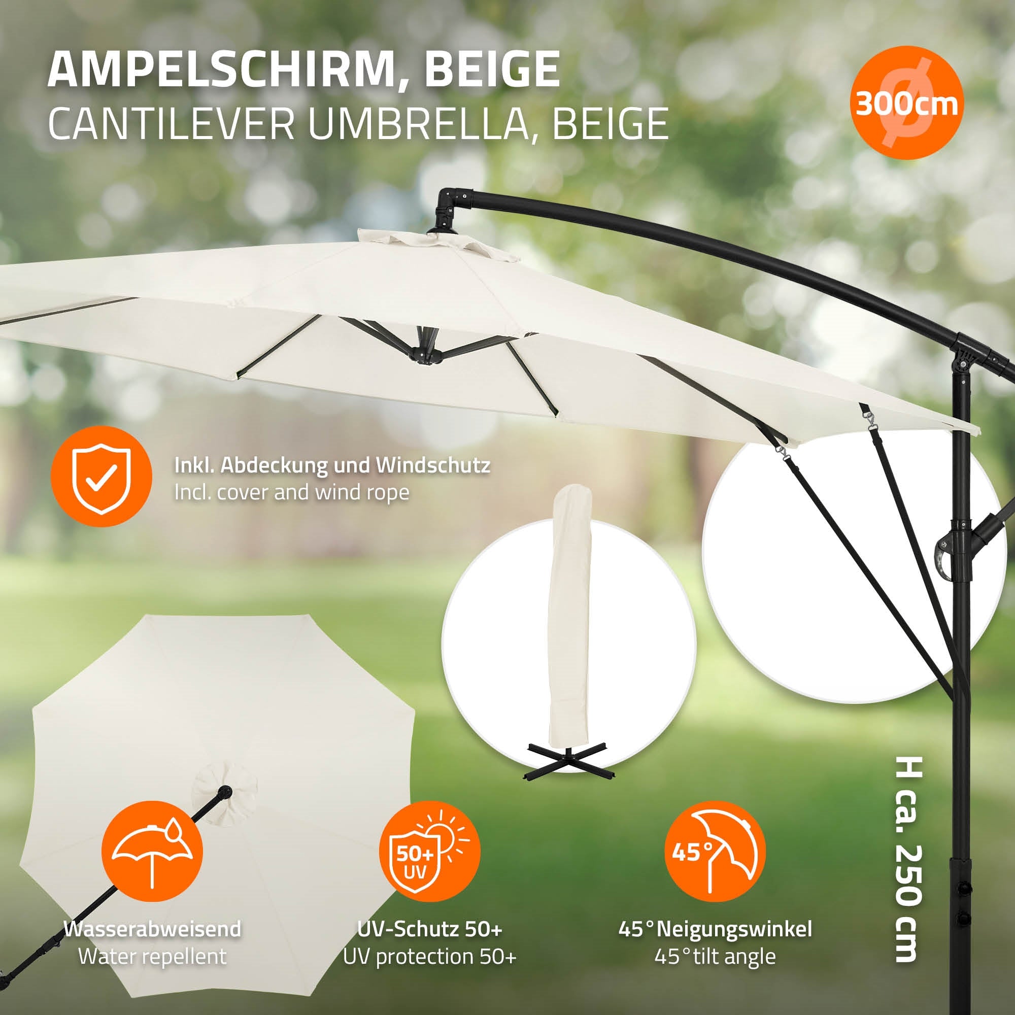 Beiger Ampelschirm mit Abdeckung und Windschutz, Höhe 250 cm, Durchmesser 300 cm.