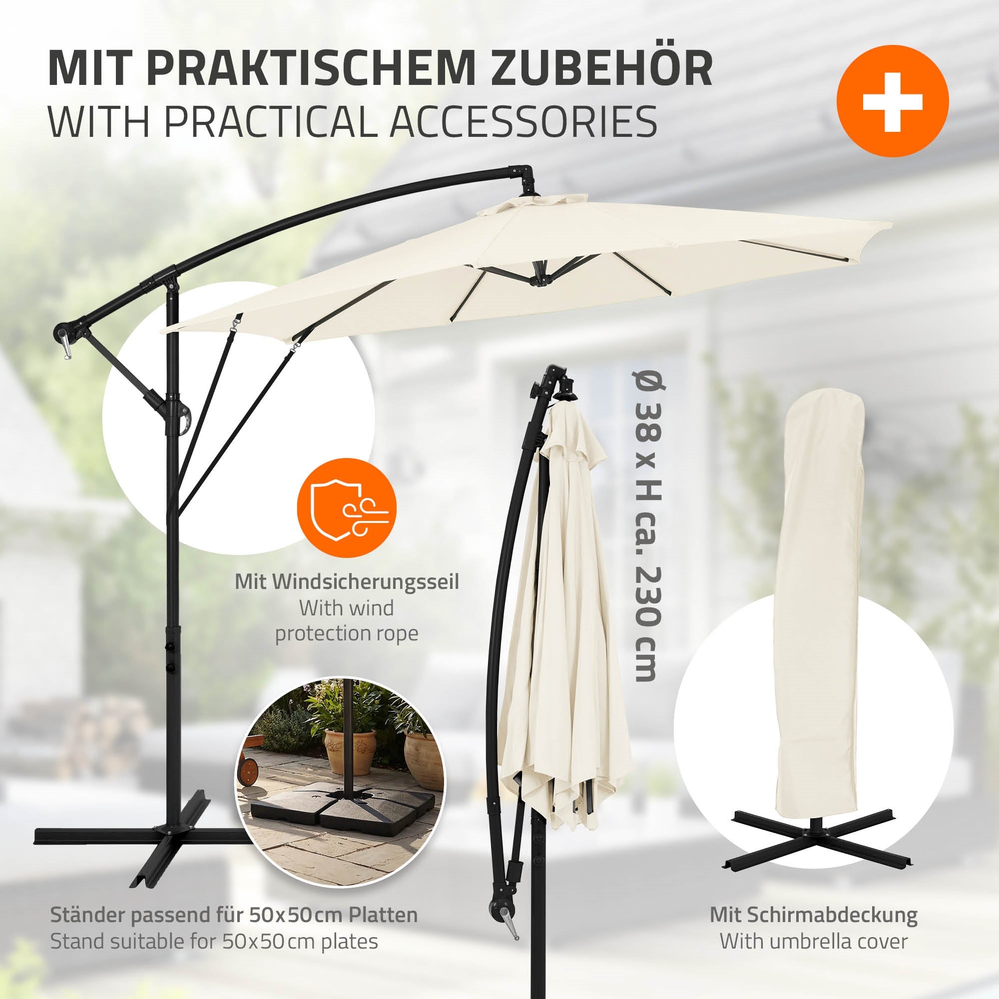 Grafik mit Sonnenschirm und Zubehör, inklusive Schutzhülle.