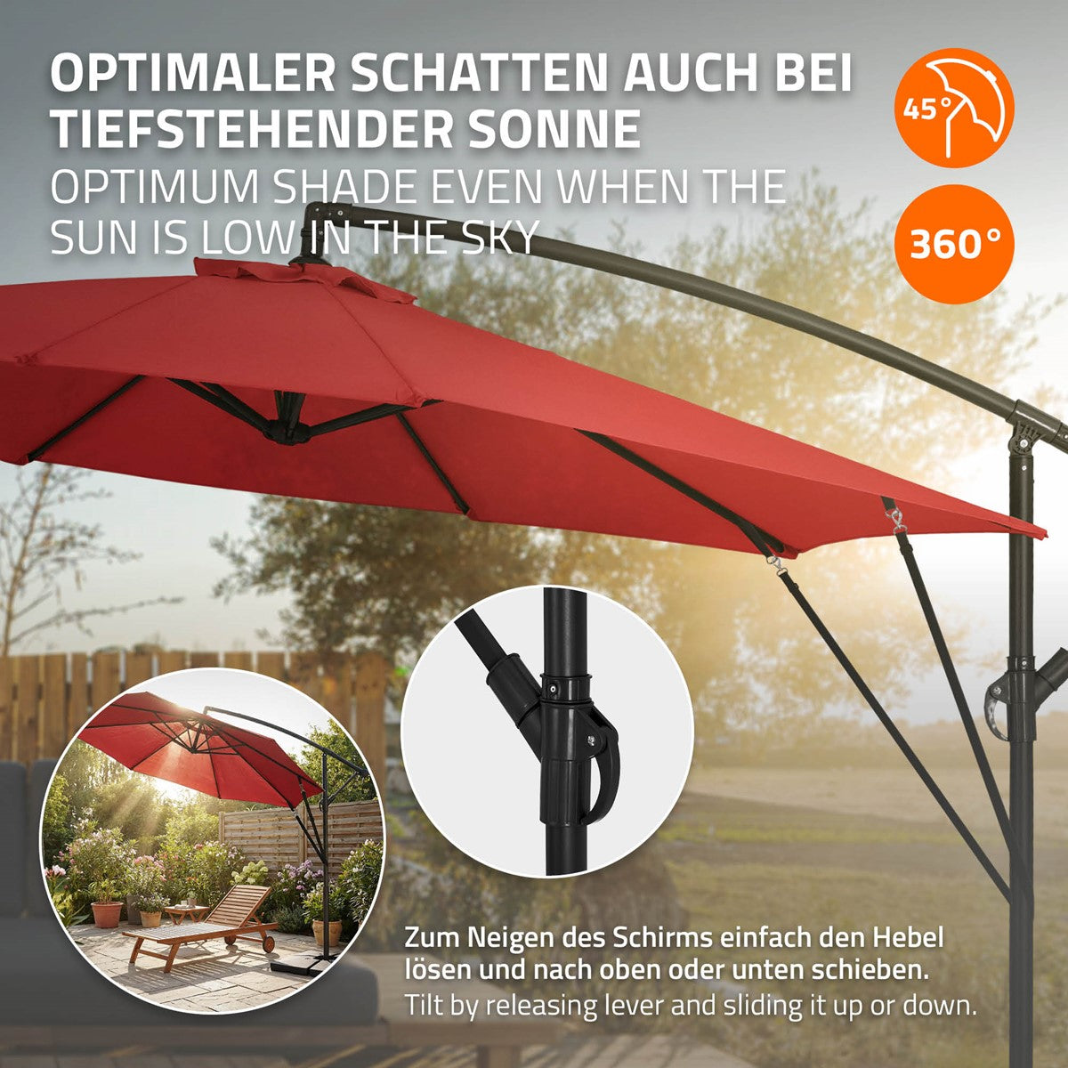 Roten Sonnenschirm mit Neigefunktion im Garten.