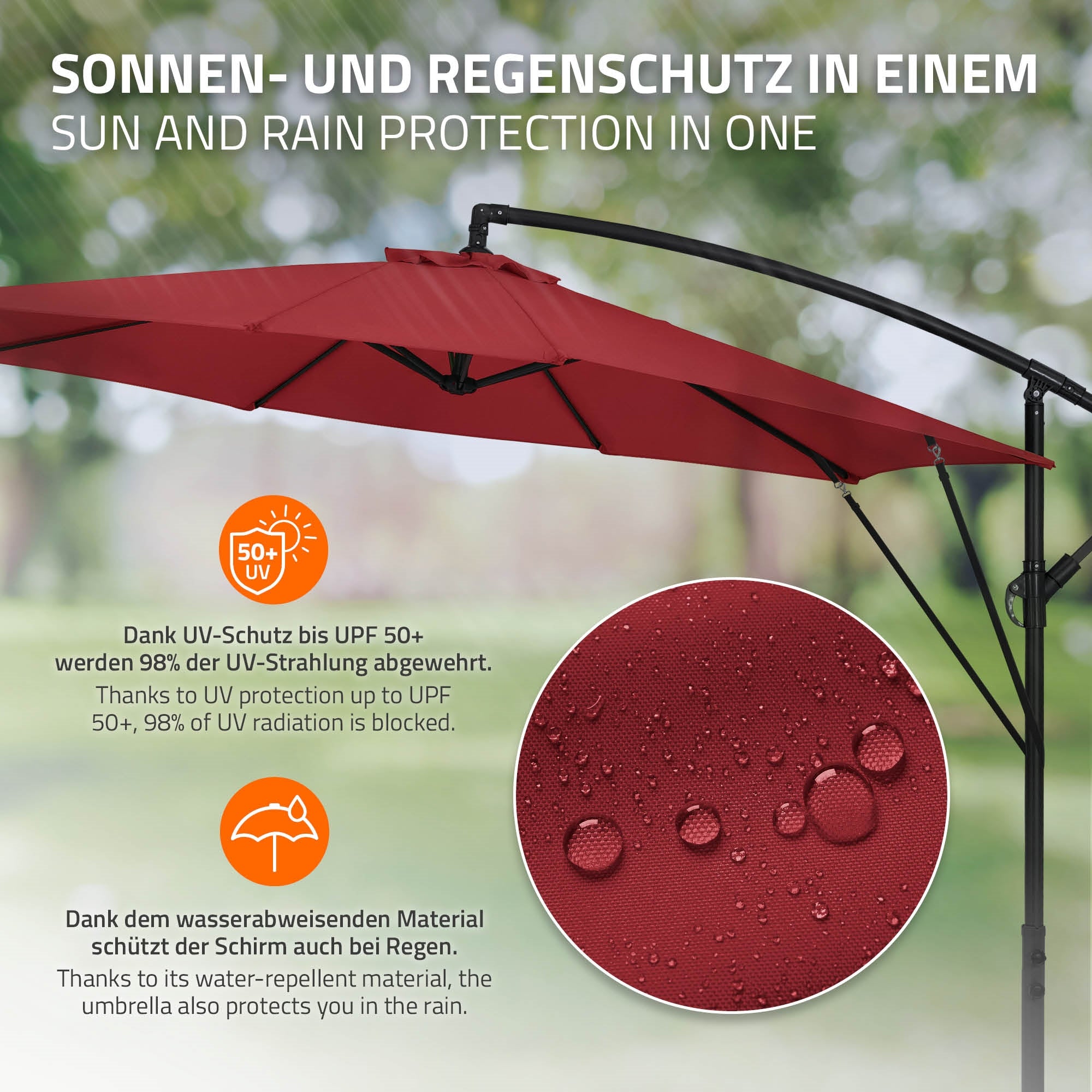 Graphique d'un parasol déporté avec protection UV et contre la pluie, matériau rouge.