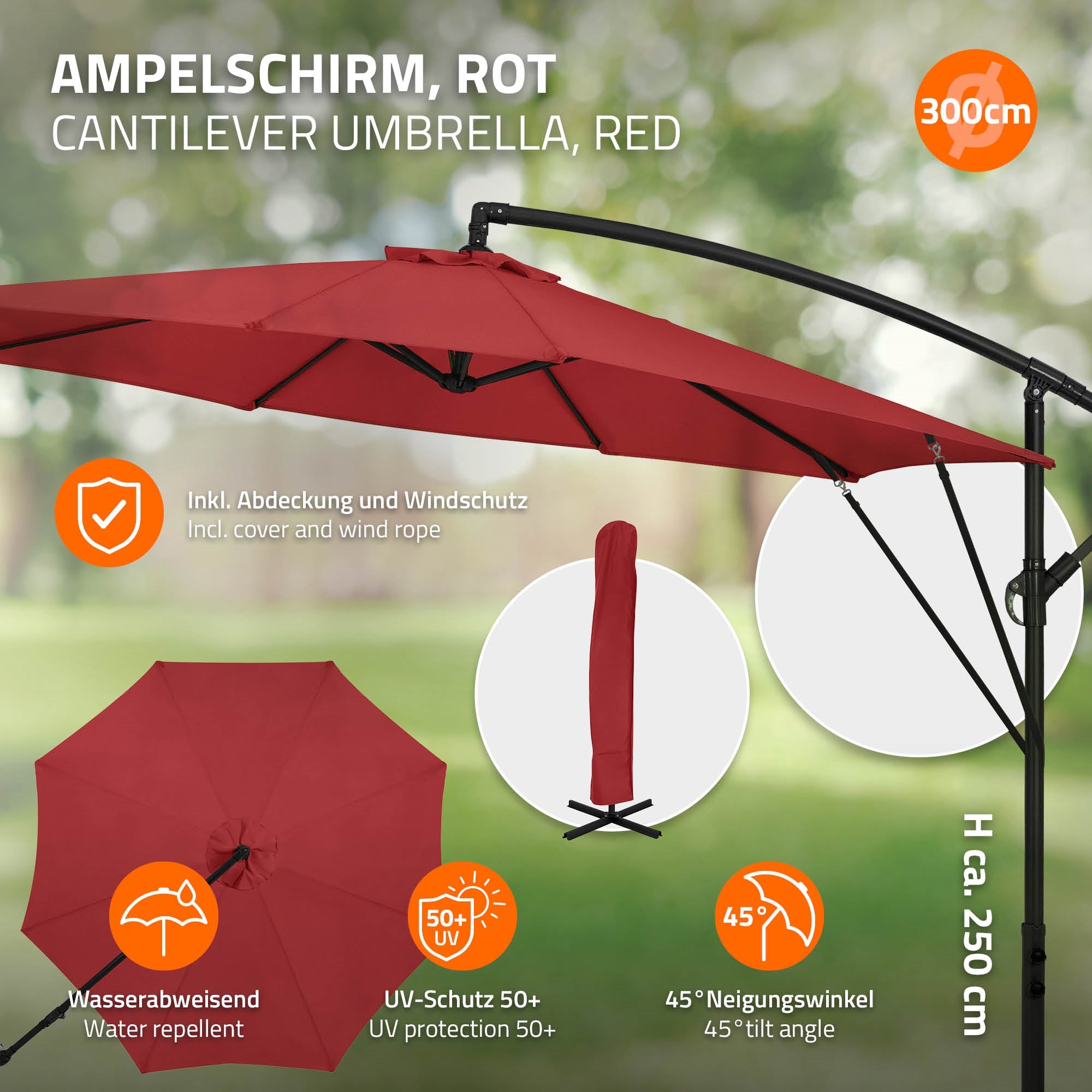 Ein roter Sonnenschirm mit Abdeckung und Windschutz in einem Garten.