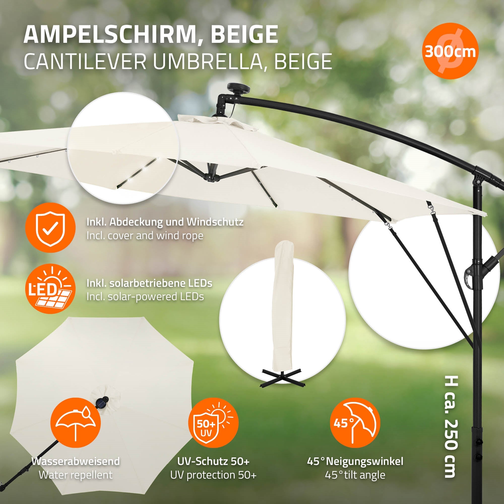 Beiger Ampelschirm mit UV-Schutz 50+, inklusive Abdeckung und Windschutz.