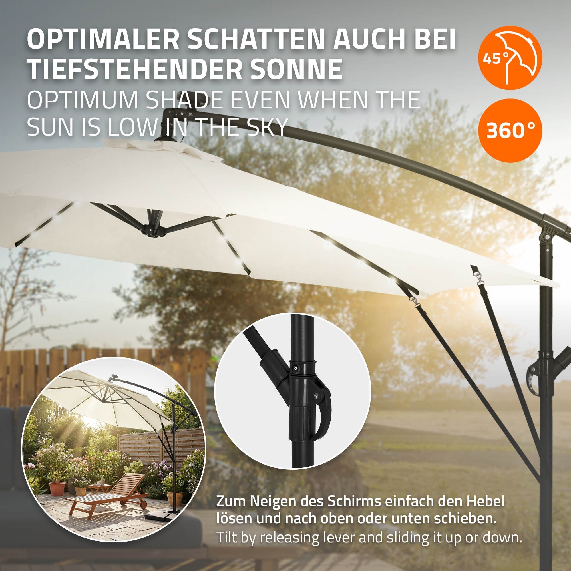 Ampelschirm mit Neigefunktion und 360° Drehbarkeit, ideal für tiefstehende Sonne.