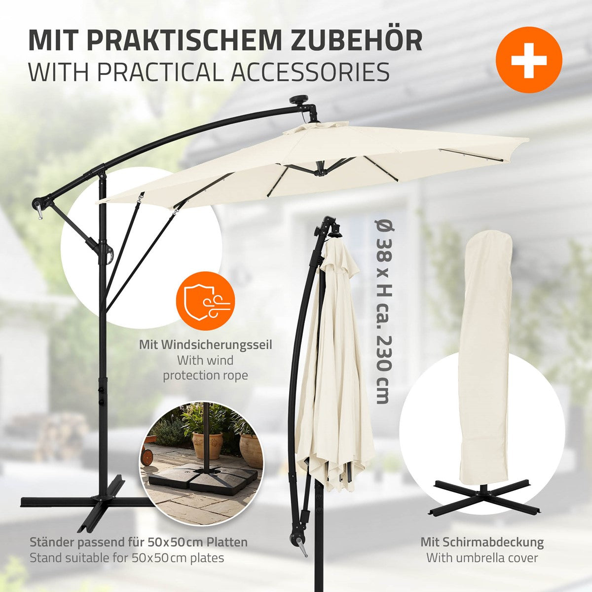 Umbrelă de soare cu braț lateral, albă, cu accesorii, husă de protecție și cordon de fixare împotriva vântului, într-o grădină.