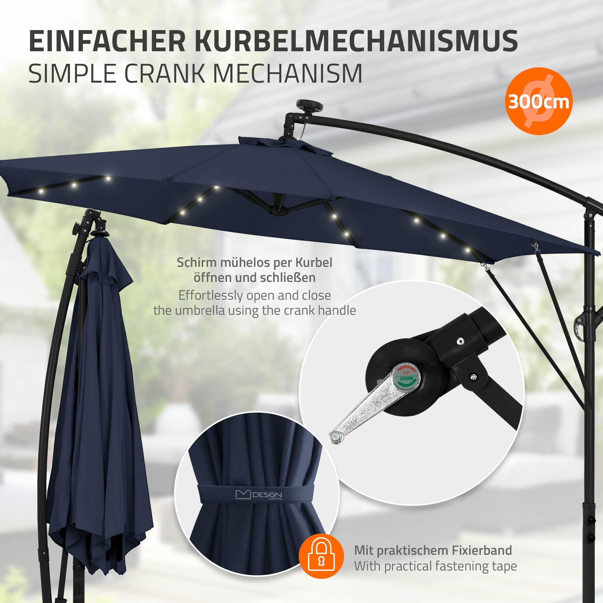 Grafik eines Sonnenschirms mit Kurbelmechanismus und LED-Beleuchtung.