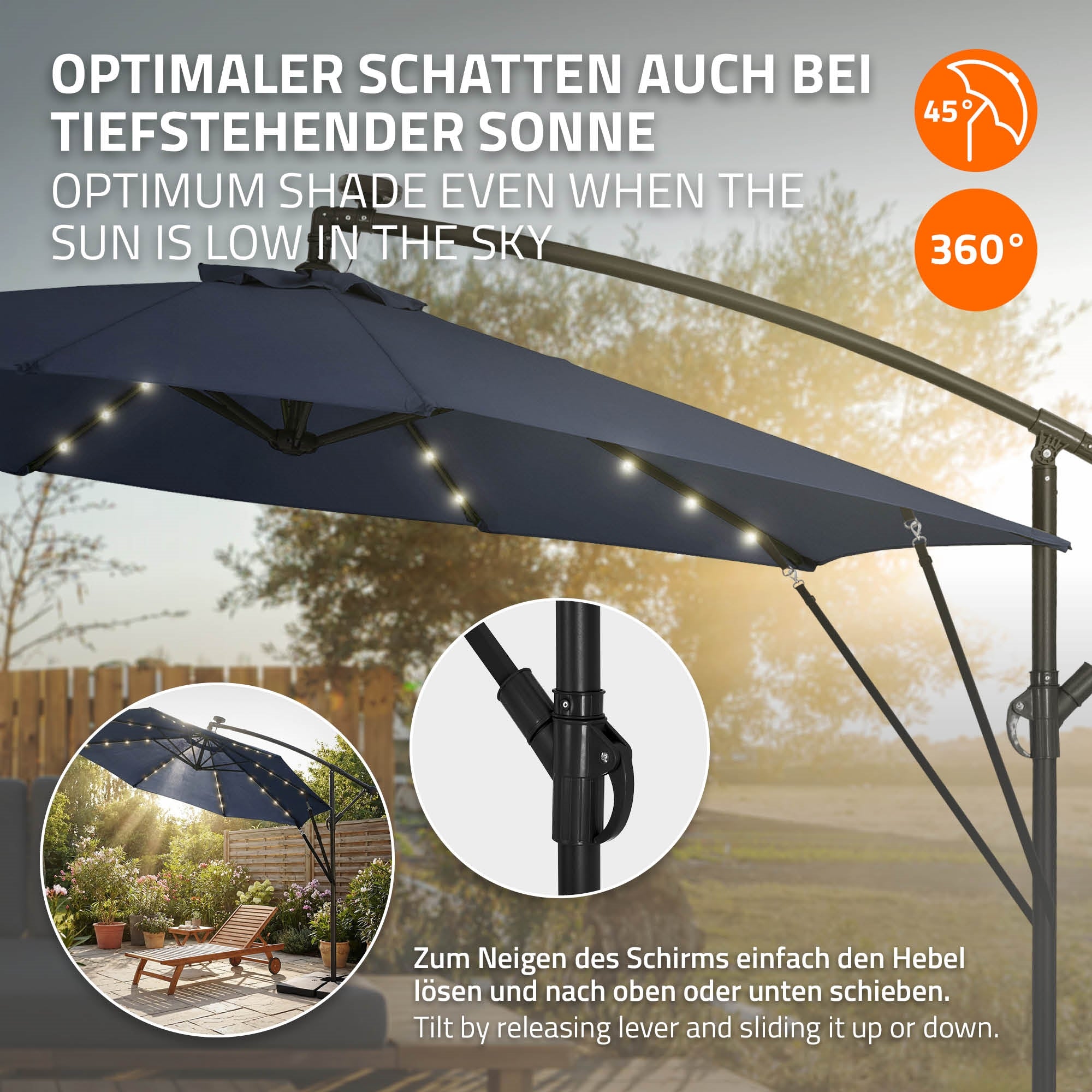 Dunkelblauer Ampelschirm mit LED-Beleuchtung, schwenkbar und neigbar, auf einem Gartenplatz.
