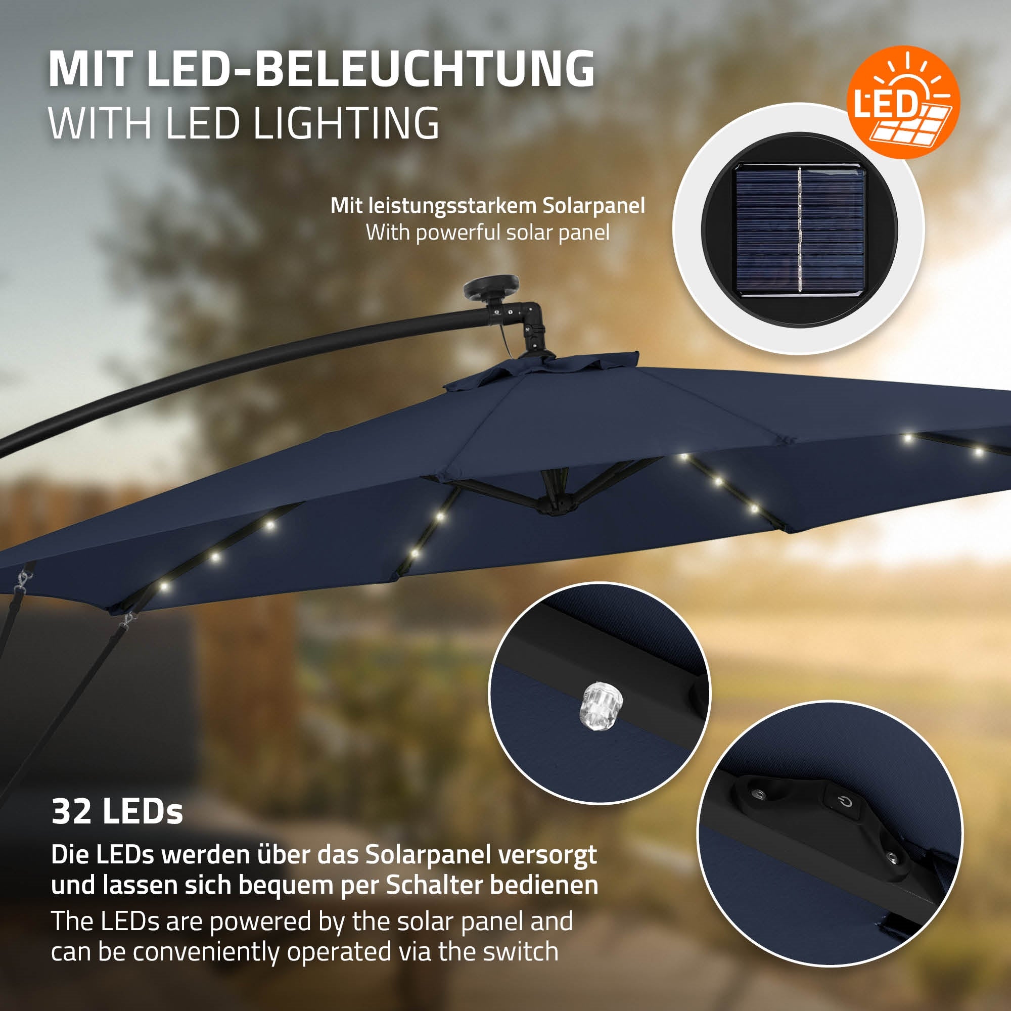 Sonnenschirm mit LED-Beleuchtung und Solarpanel, im Freien abgebildet.