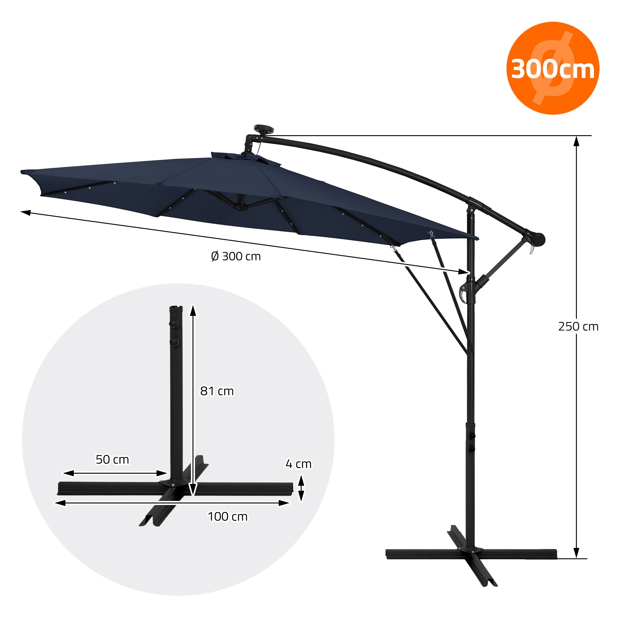 Schirm mit 300 cm Durchmesser, 250 cm Höhe, Maße des Gestells angegeben.