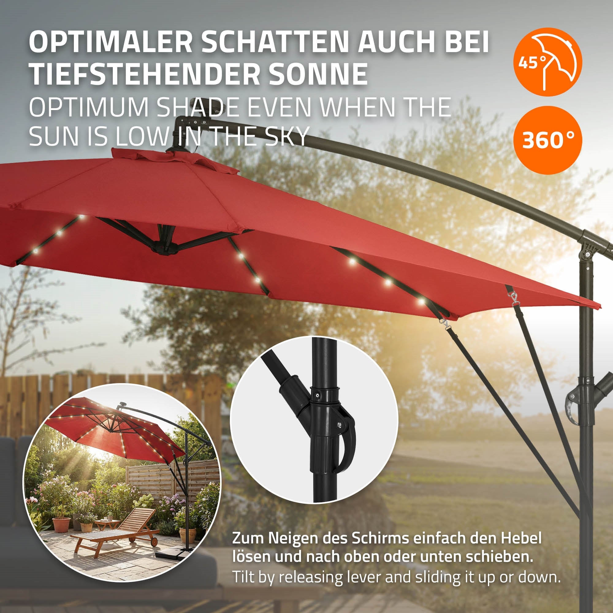 Roter Ampelschirm mit LED-Beleuchtung, schwenkbar und neigbar, auf einem Gartenplatz.