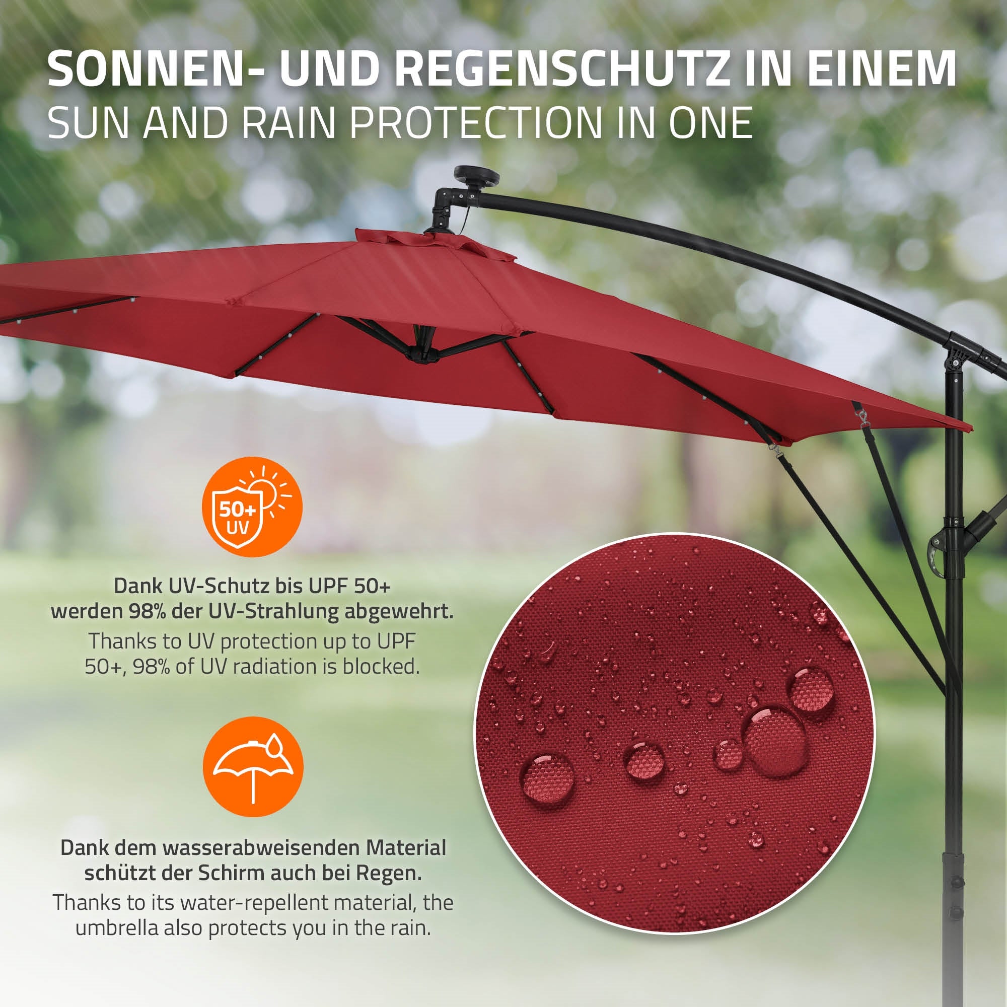 Schirm mit UV-Schutz, rot, 330 cm Durchmesser, auf einem Gestell.