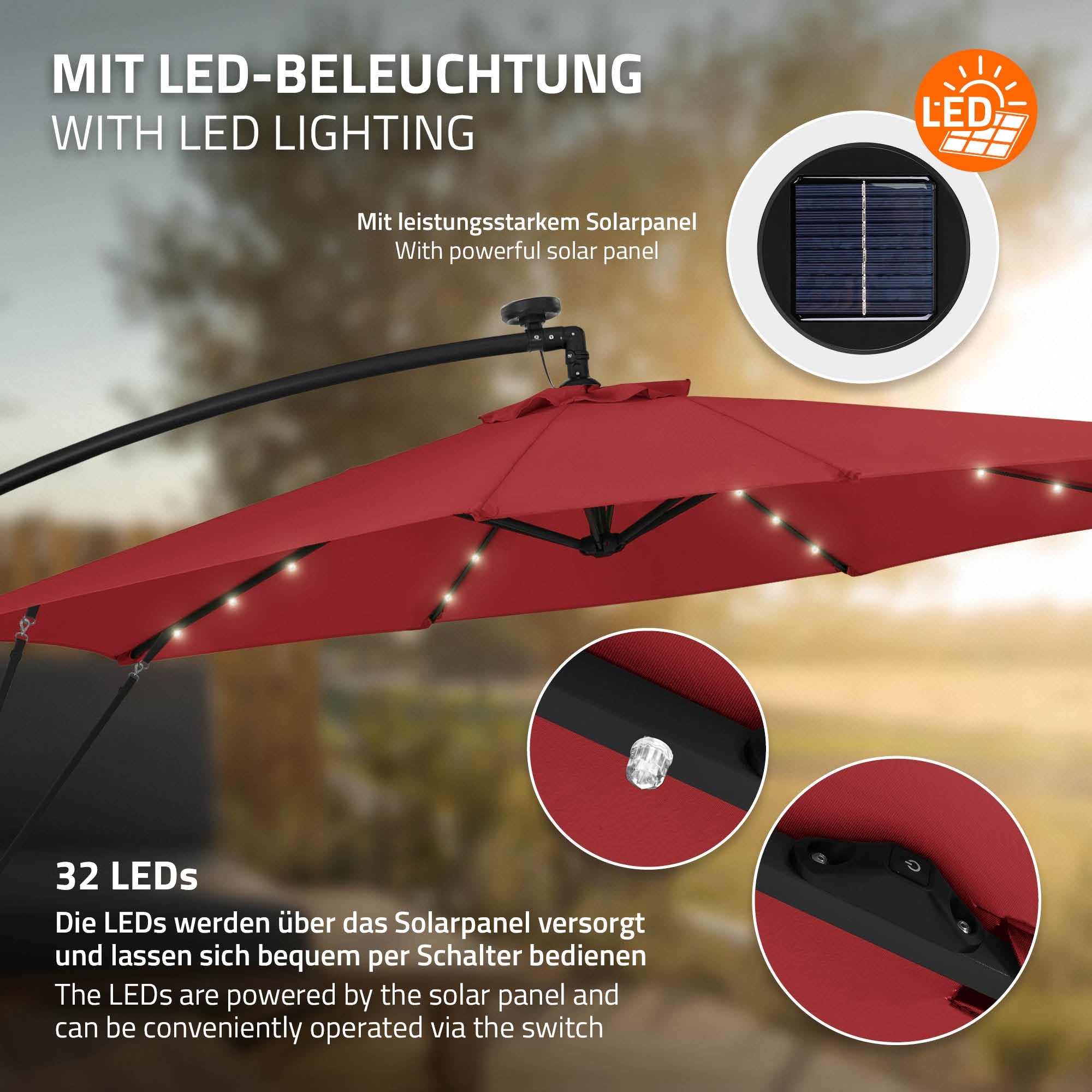 Roter Schirm mit LED-Beleuchtung, 32 LEDs, Solarenergie, Schalter zur Bedienung.