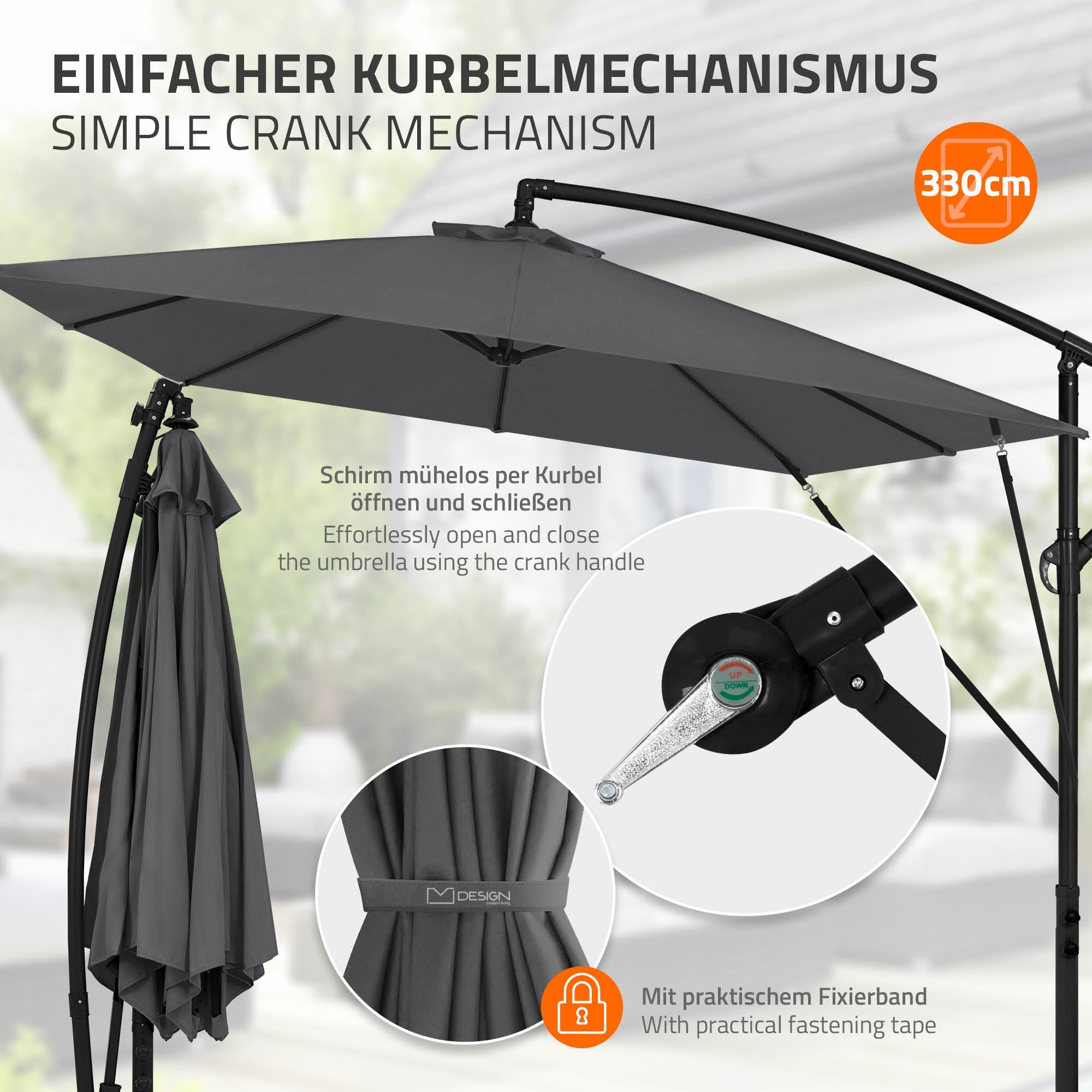Sonnenschirm med krumlemekanisme og fastgørelsesbånd.