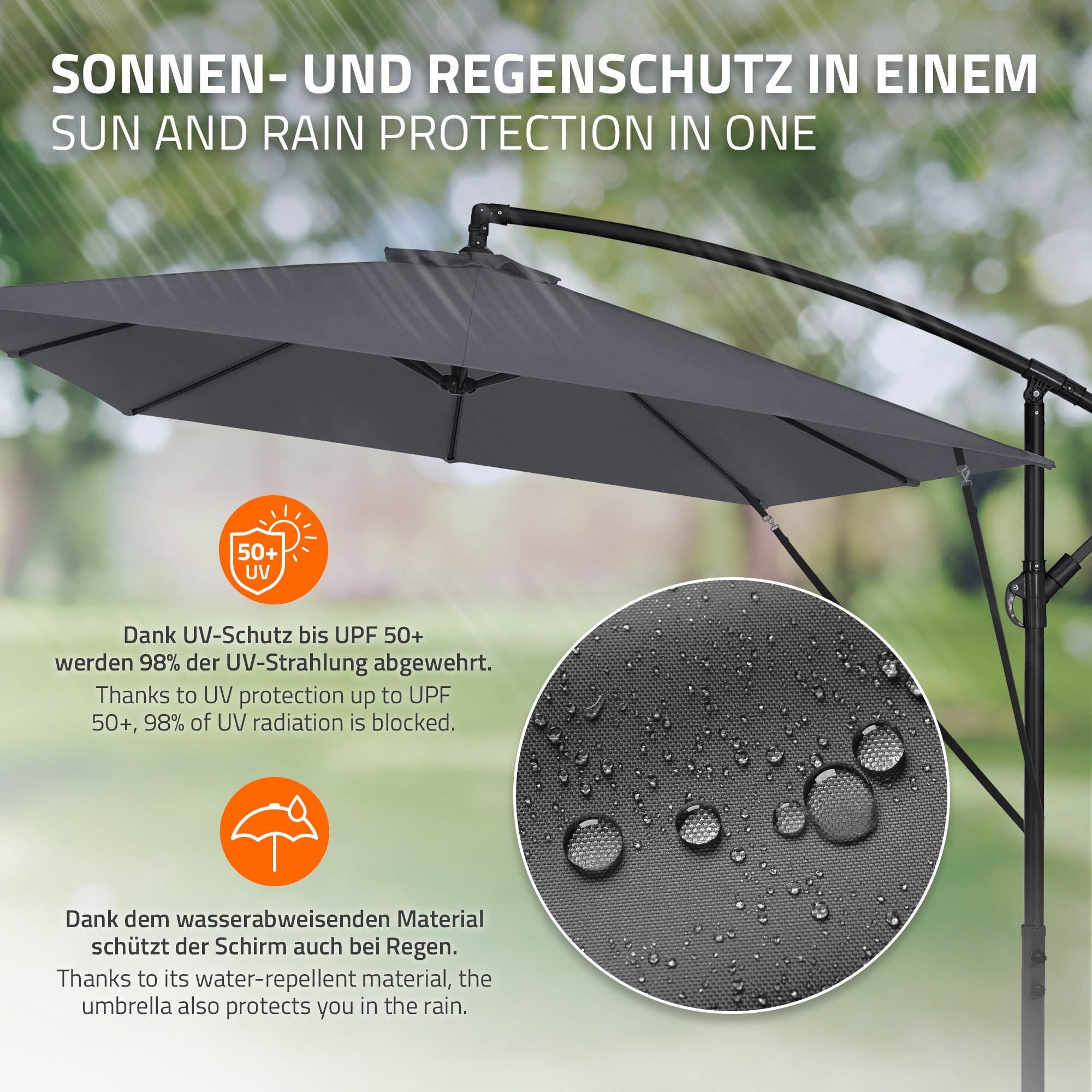 Parasol med UV-beskyttelse, antracit, 330 cm diameter, på en ramme.