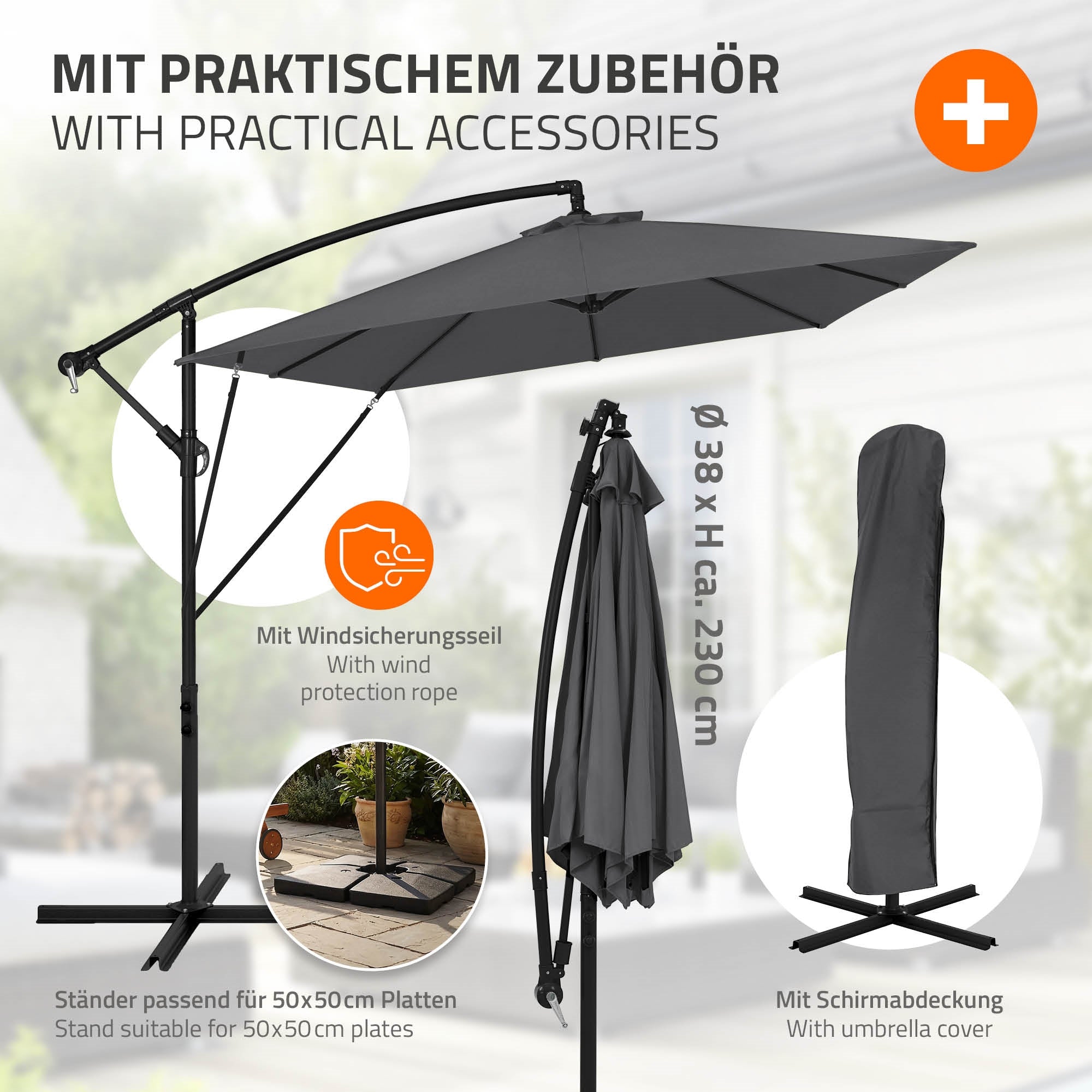 Parasol med tilbehør, vindbeskyttelsesreb og parasolovertræk, sort farve.