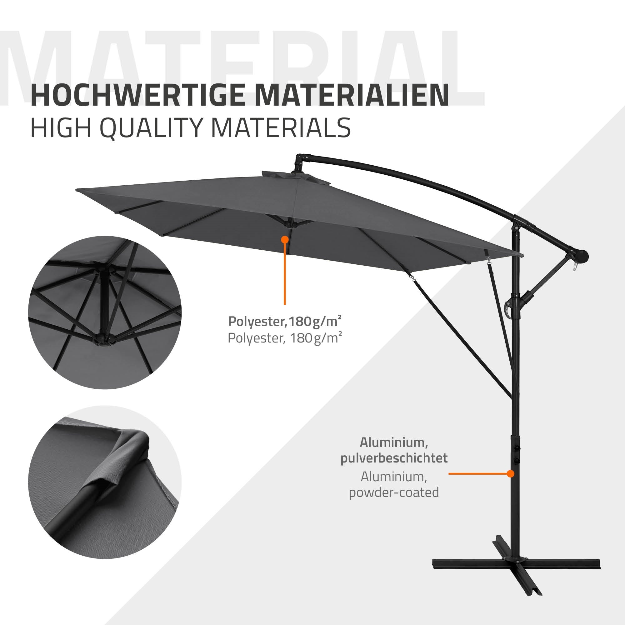 Parasol med sort stof, aluminiumsramme, 180g/m² polyester, pulverlakeret.