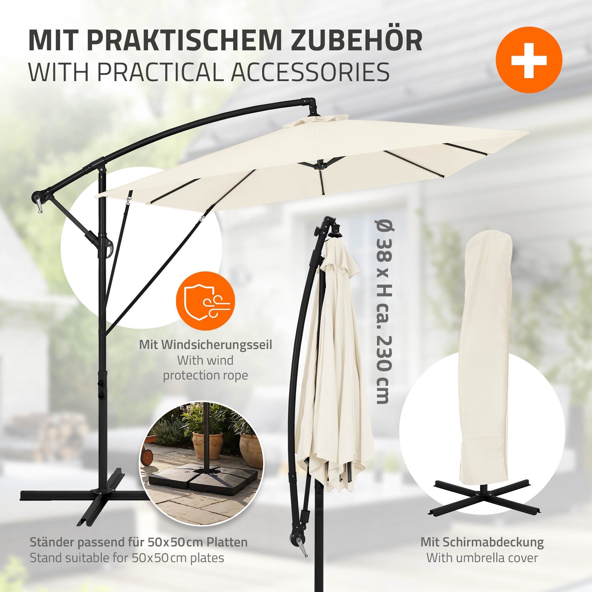 Sonnenschirm mit Zubehör, einschließlich Windseil und Schutzhülle.