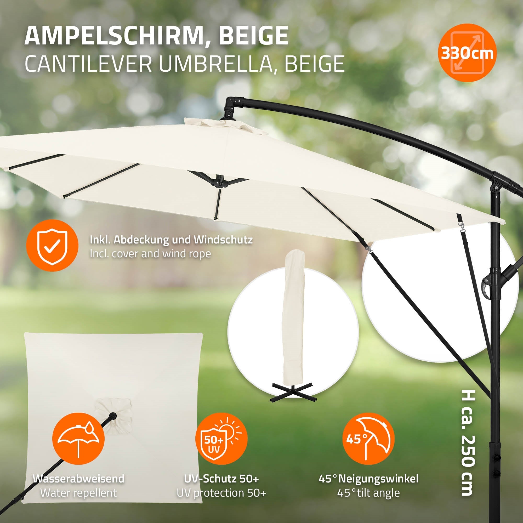 Ampelschirm in beige mit Abdeckung und Windschutz.