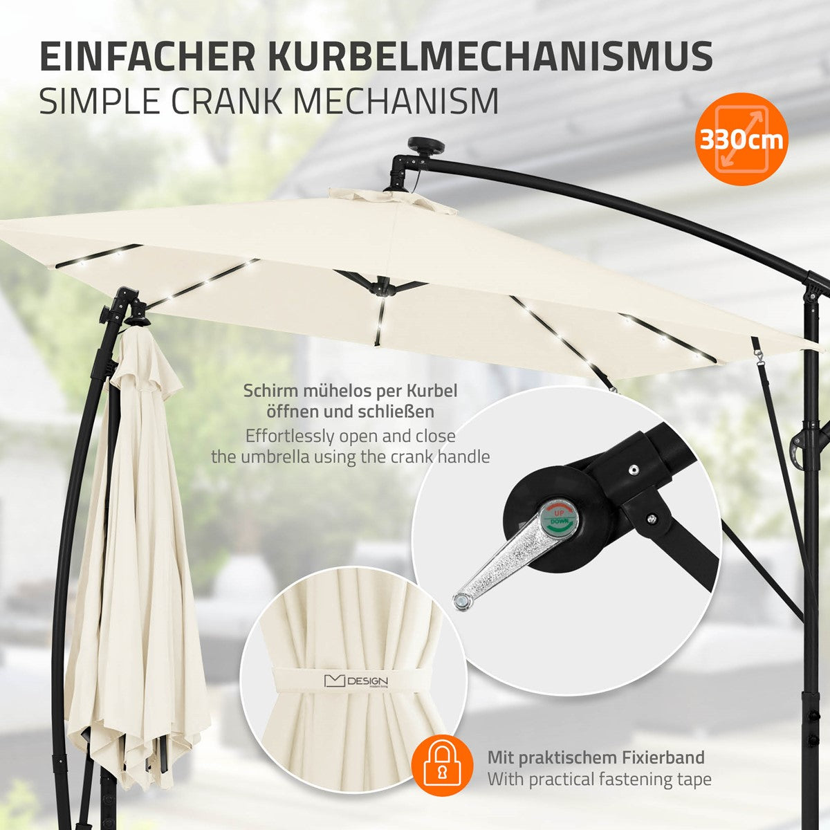 Grafik eines Sonnenschirms mit Kurbelmechanismus zum einfachen Öffnen und Schließen.