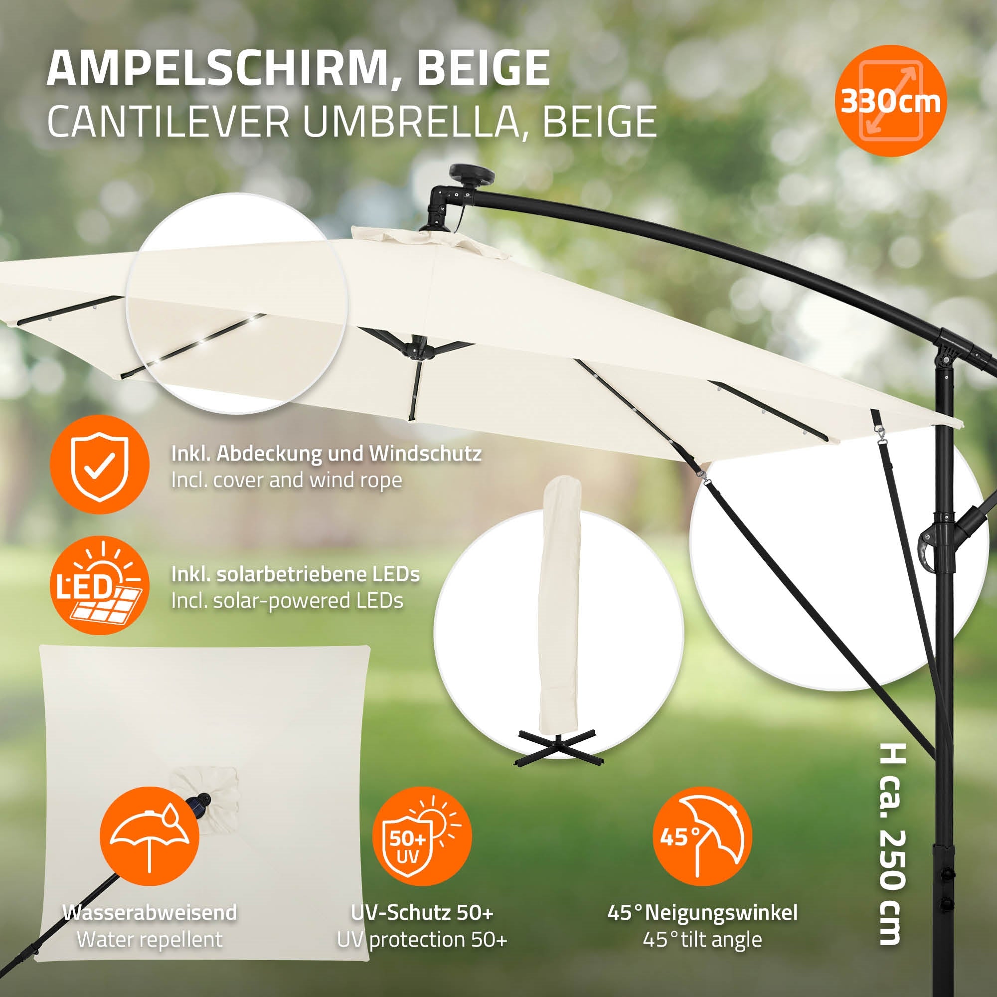 Beiger Ampelschirm mit Abdeckung und Windschutz, 330 cm Durchmesser.