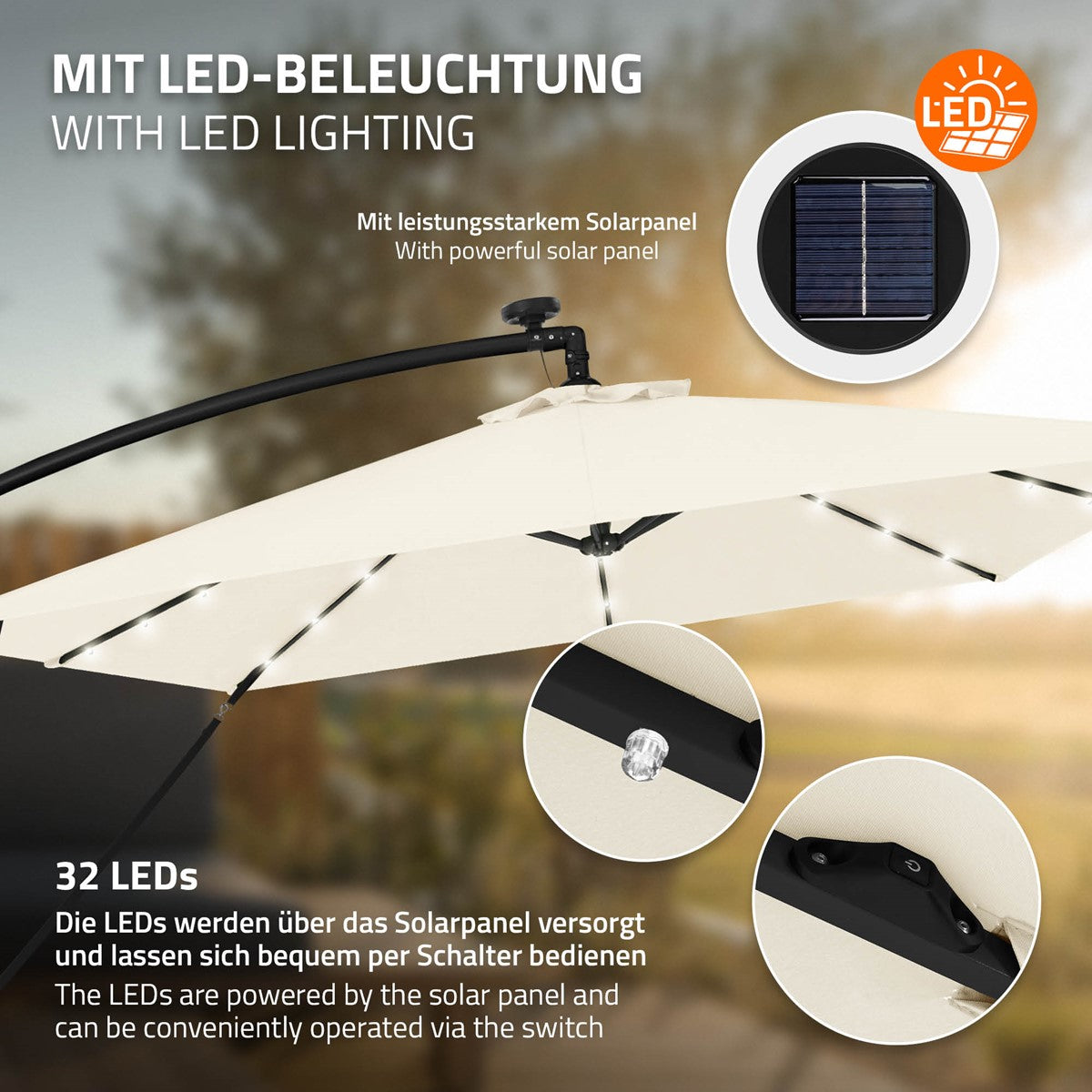 Sonnenschirm mit LED-Beleuchtung und leistungsstarkem Solarpanel.