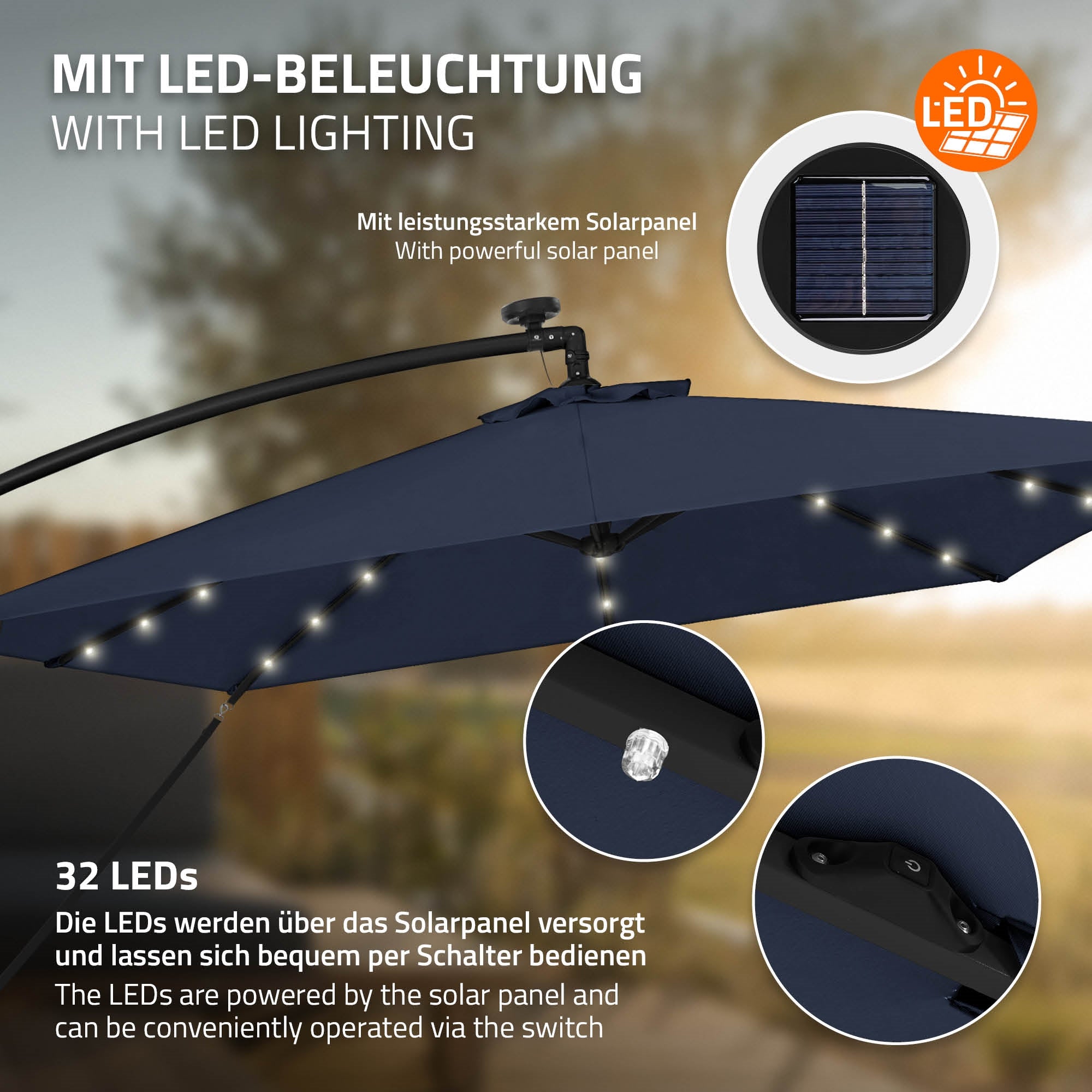 Ampelschirm mit navy-blauem Stoff und LED-Beleuchtung, Solar Panel sichtbar.