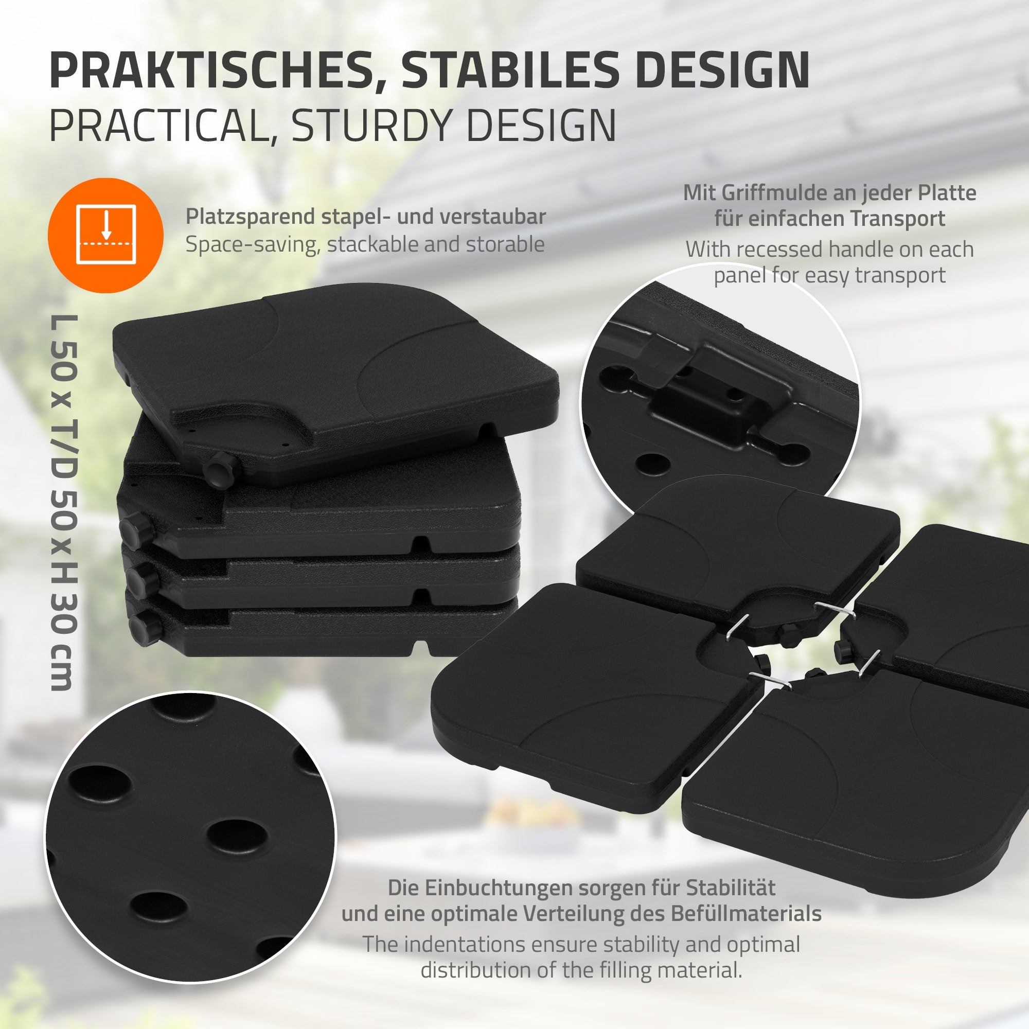Schwarze, stapelbare Platten mit Griffmulden für einfachen Transport.