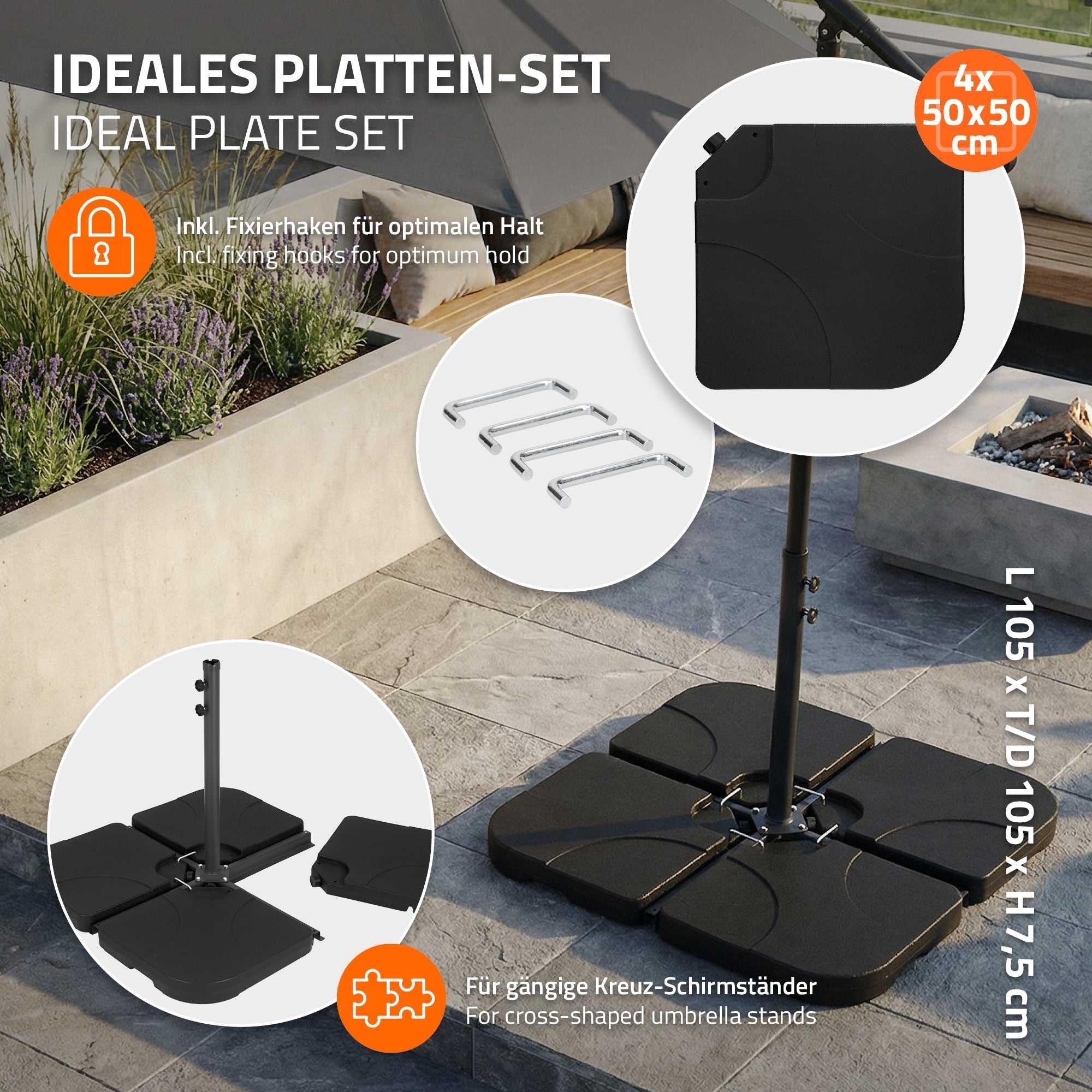 Platten-Set für Sonnenschirm mit vier Platten und Fixierhaken auf einem Steinboden.