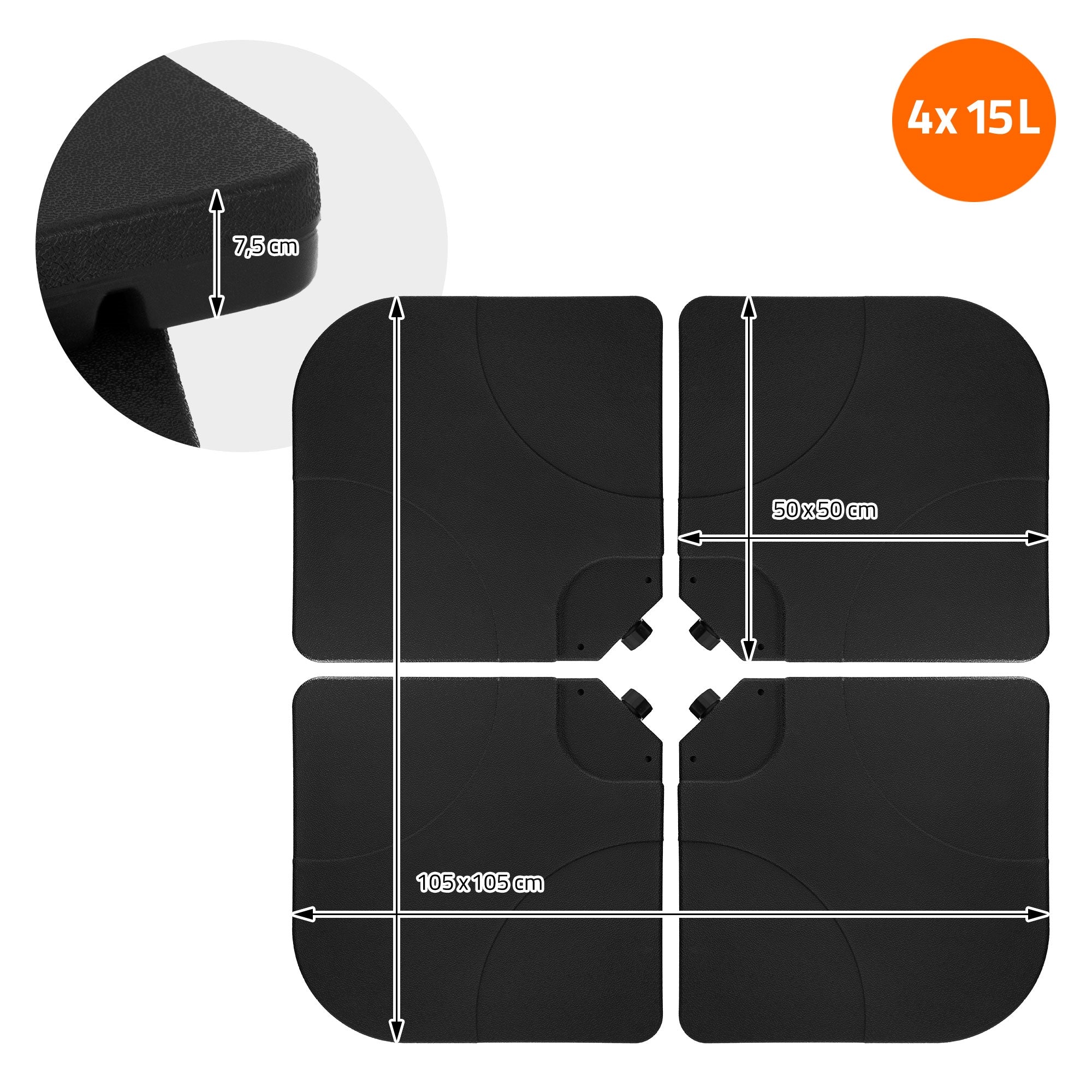 Vier schwarze Platten mit Maßen 50x50 cm, 7,5 cm dick, für stabile Basis.