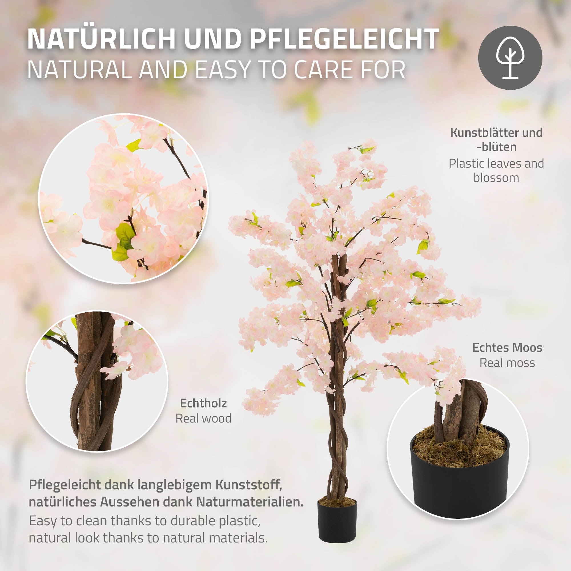 Albero artificiale con fiori rosa, facile da curare, in plastica resistente, muschio reale.