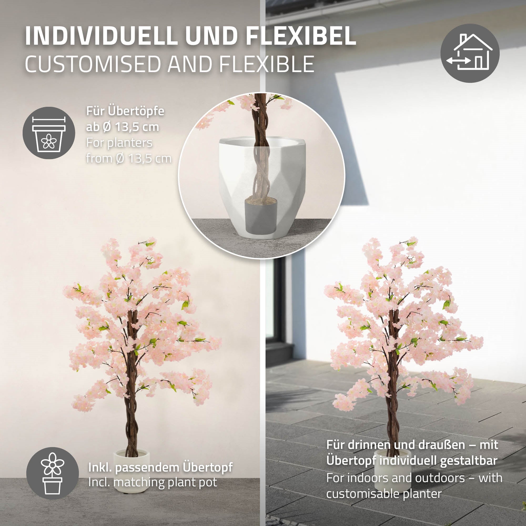 Albero artificiale con fiori rosa, informazioni sulle opzioni di personalizzazione e vasi.