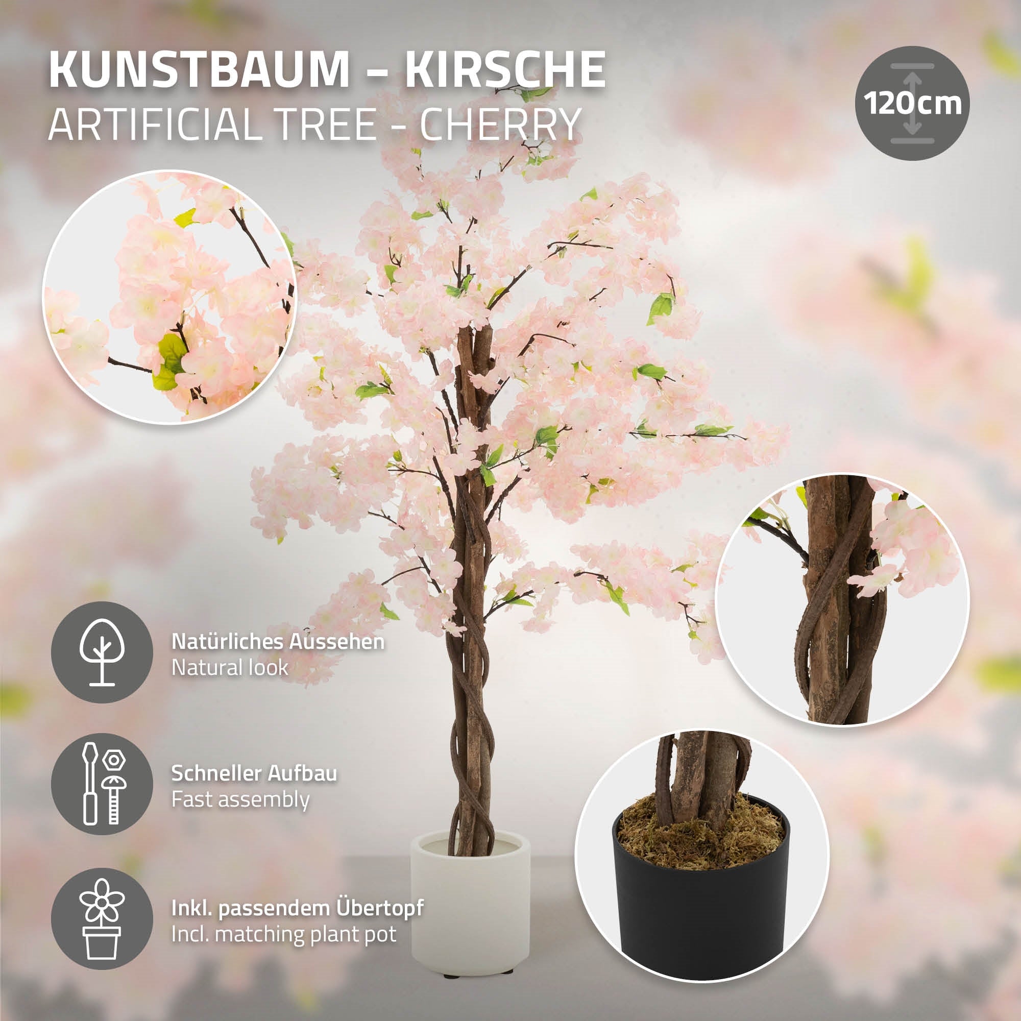 Kunstbaum mit rosa Blüten, natürliche Optik, einfacher Aufbau, inkl. Übertopf.