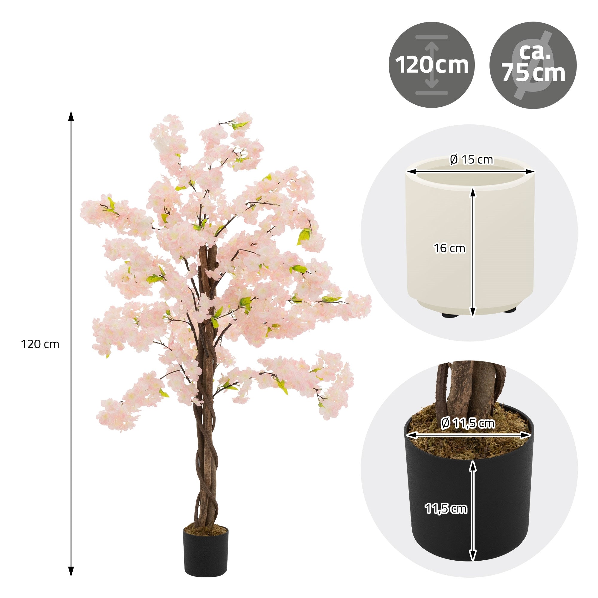Kunstbaum mit rosa Blüten, Höhe 120 cm, Topfgröße 15 cm Durchmesser.