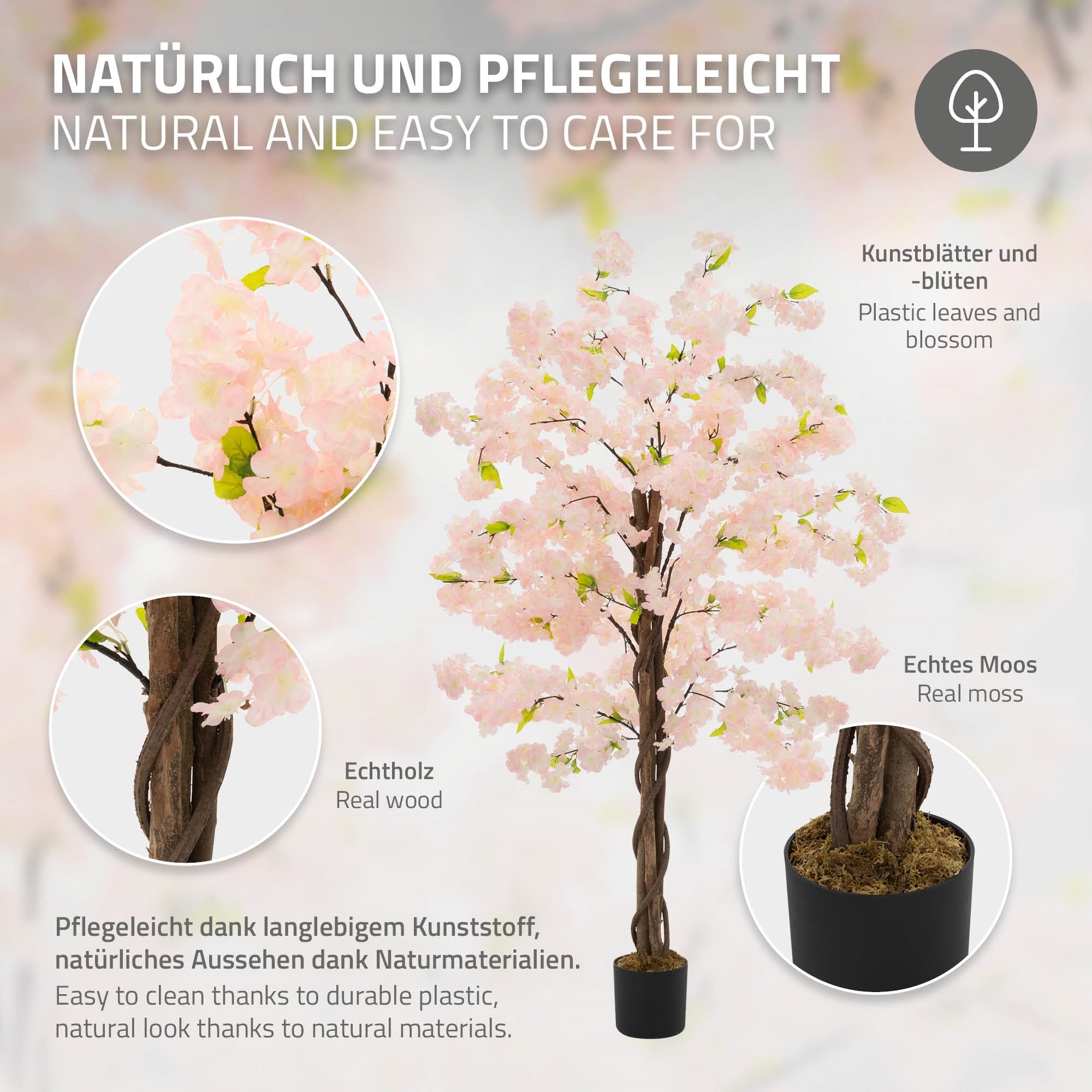 Albero artificiale con fiori rosa, descrizione della cura e dei materiali.