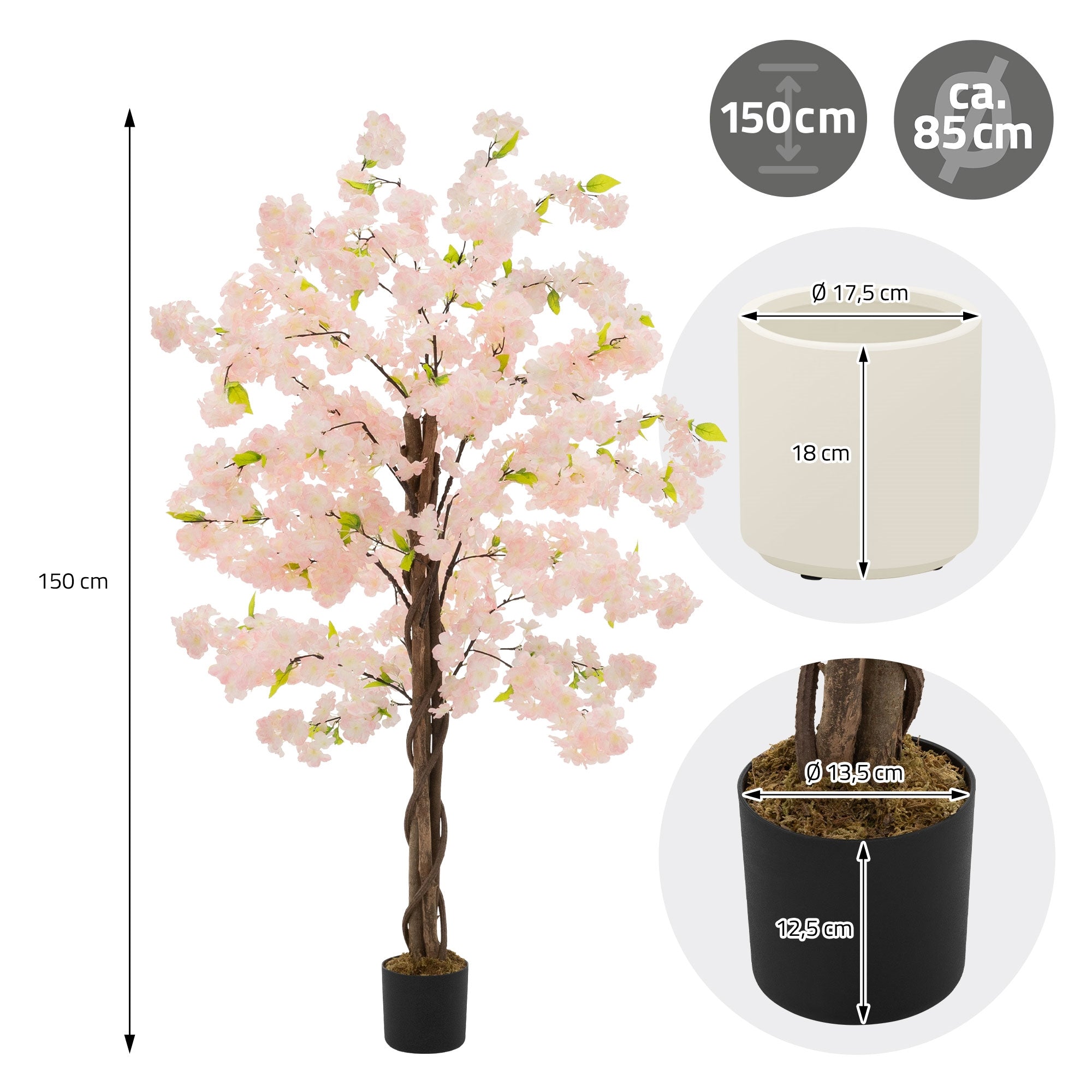 Dimensioni per un albero artificiale, altezza 150 cm, diametro del vaso 17,5 cm.