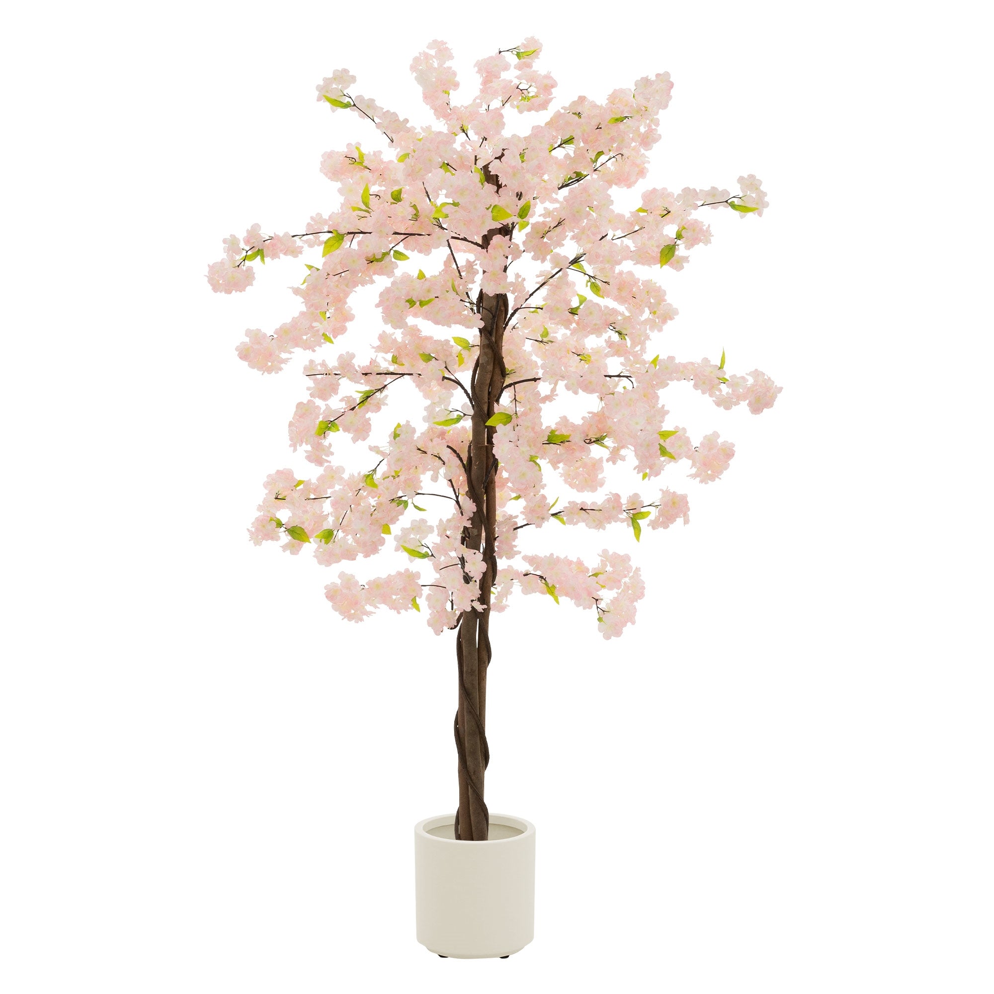 Künstlicher Kirschbaum mit rosa Blüten in einem weißen Topf.