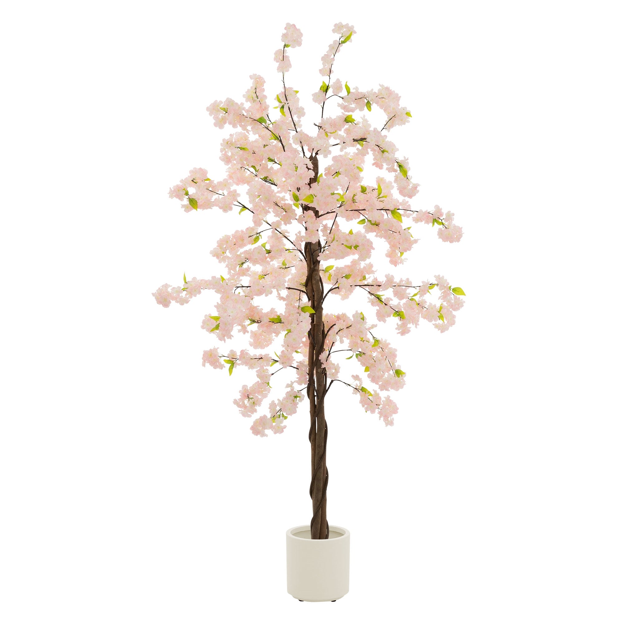 Ein künstlicher Kirschbaum mit rosa Blüten in einem weißen Topf.