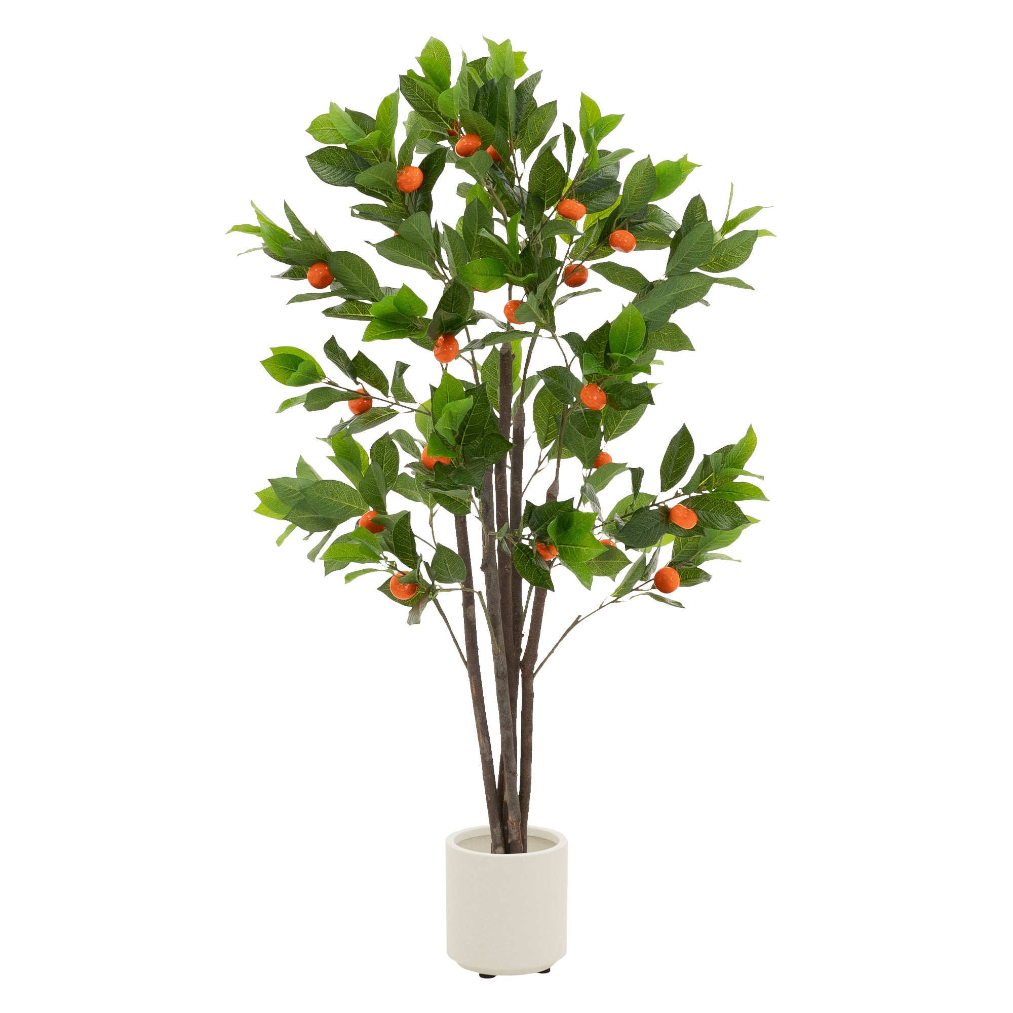 Kunstbaum in einem weißen Topf, Höhe 130 cm, mit orangefarbenen Früchten.