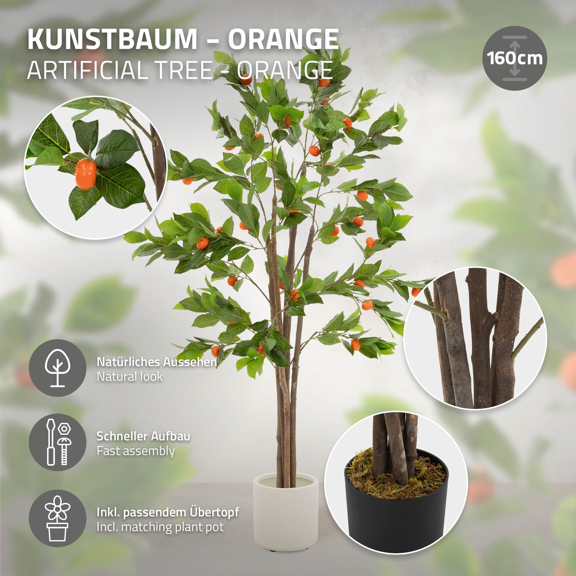 Kunstbaum mit orangefarbenen Früchten in einem weißen Topf, vor neutralem Hintergrund.