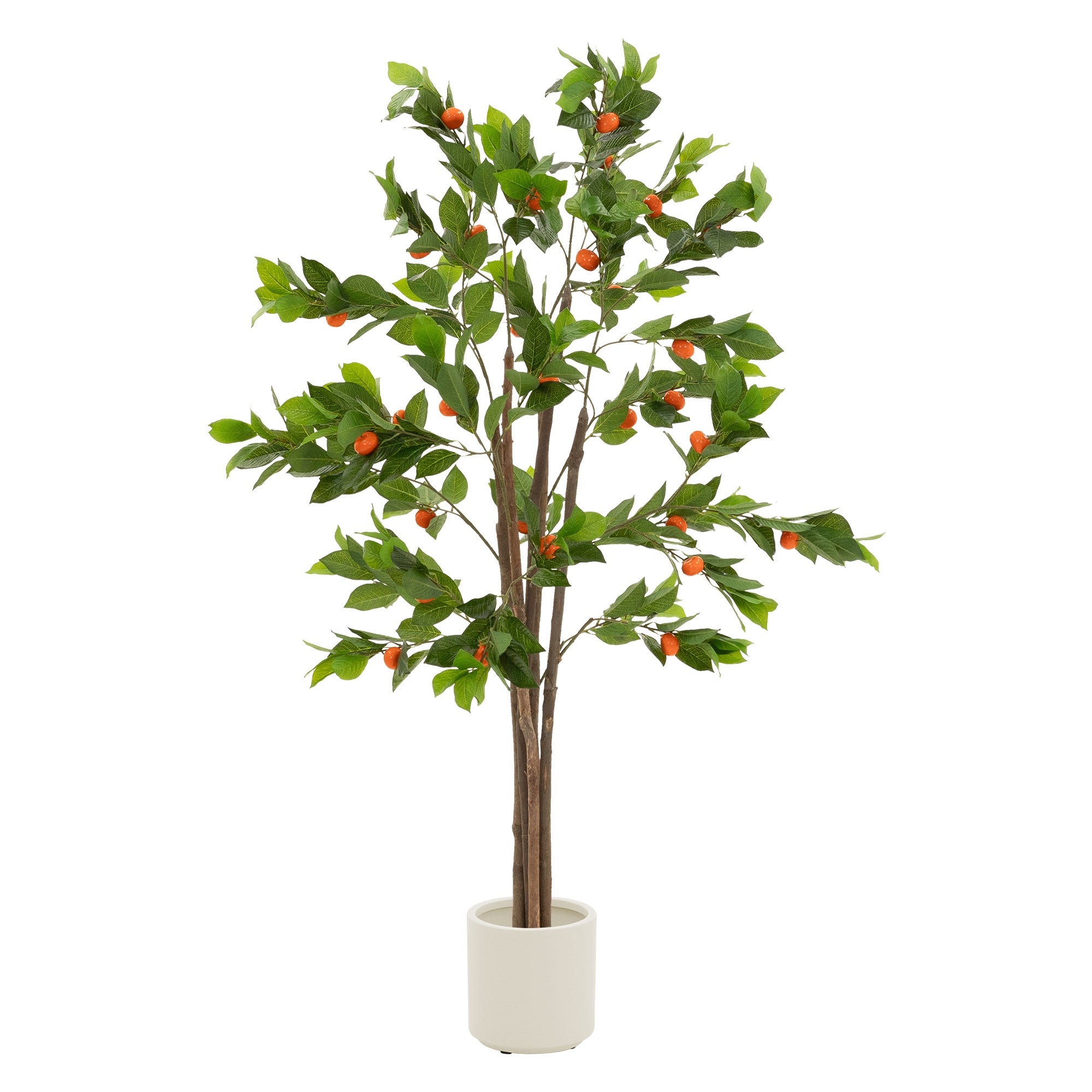 Kunstbaum mit grünen Blättern und orangefarbenen Früchten in einem weißen Topf.