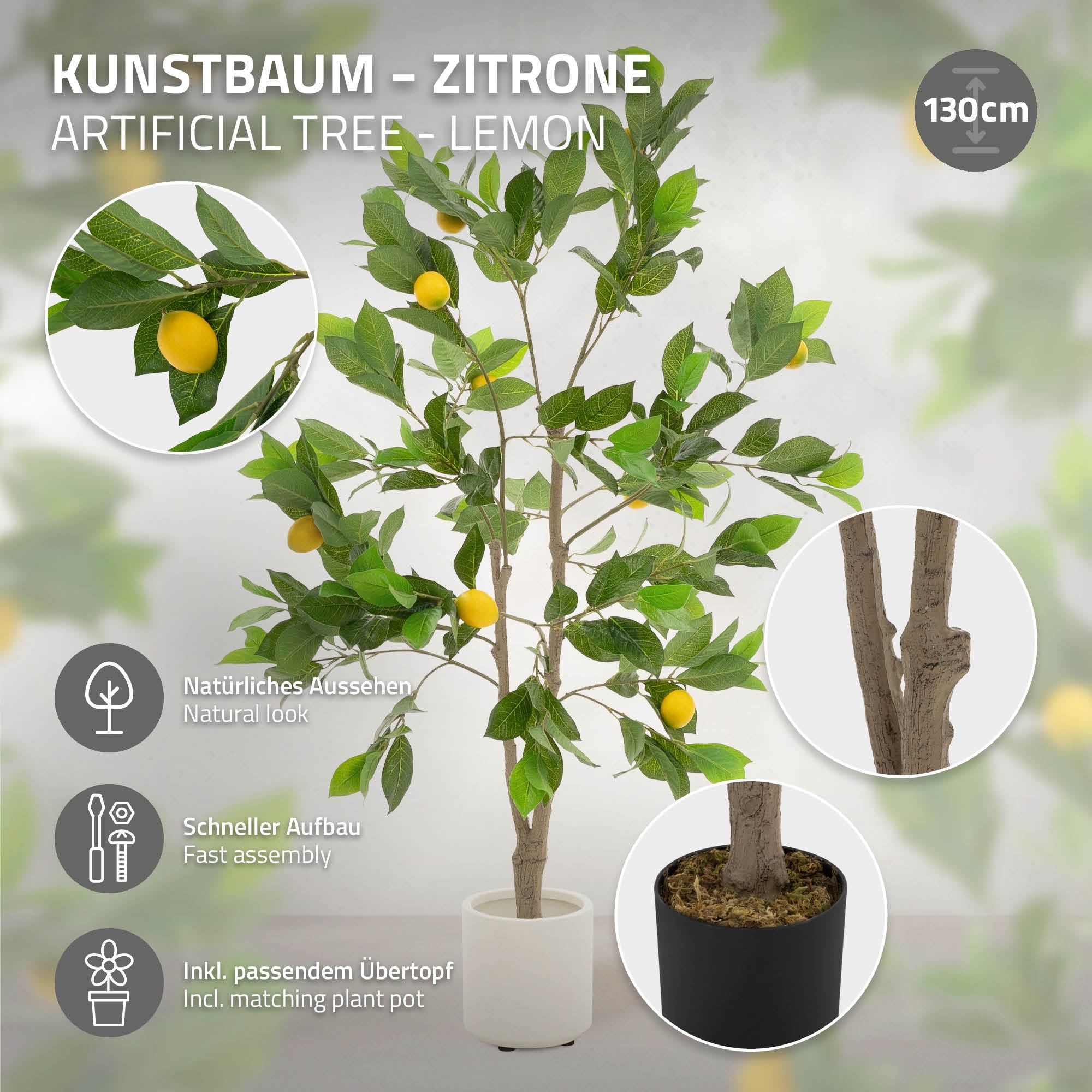 Kunstbaum mit Zitronen, 130 cm hoch, in weißem Topf, mit Informationen zum Aufbau.
