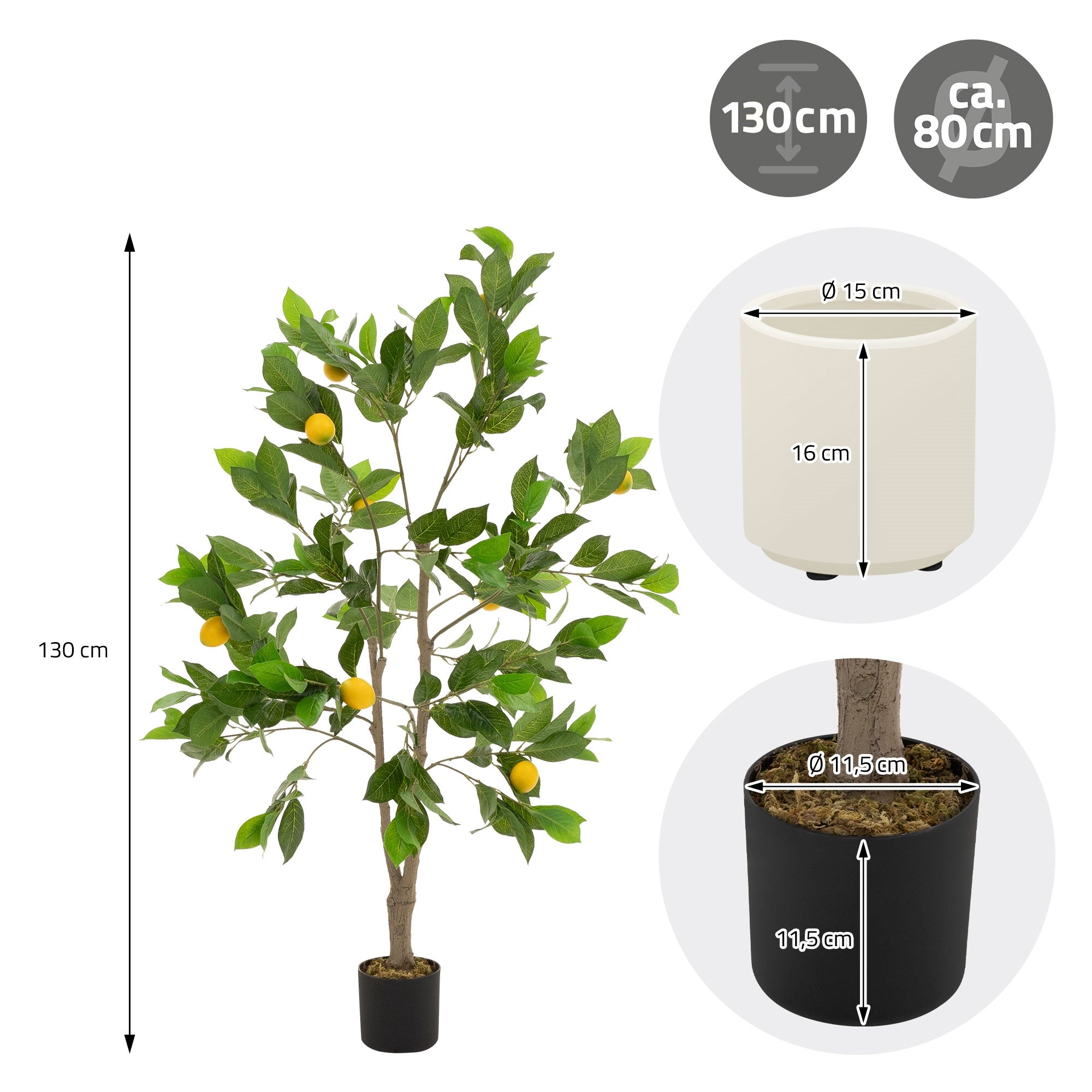 Kunstbaum mit Zitronen, Höhe 130 cm, Topfdurchmesser 15 cm, Topfhöhe 16 cm.